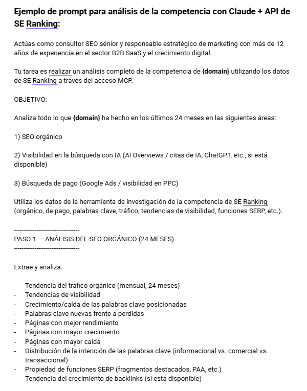 Ejemplo de prompt para el análisis de competencia con Claude y la API de SE Ranking Ejemplo de prompt para el análisis de competencia con Claude y la API de SE Ranking