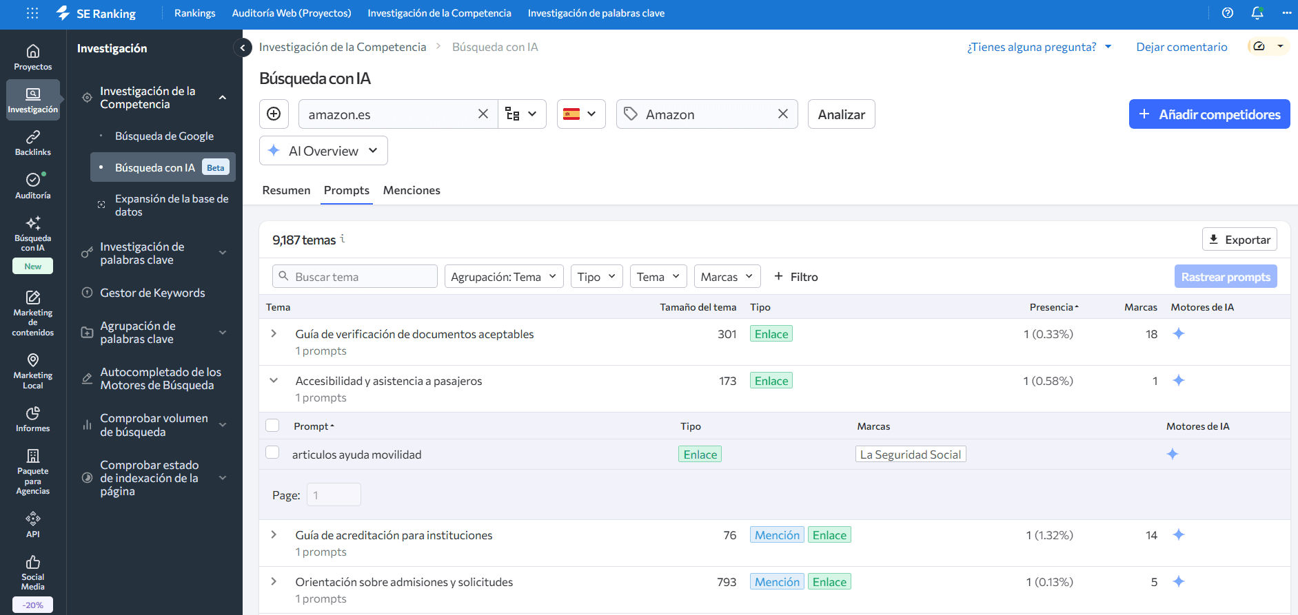 Análisis de AI Overviews de SE Ranking Herramienta de Análisis de AI Overviews de SE Ranking