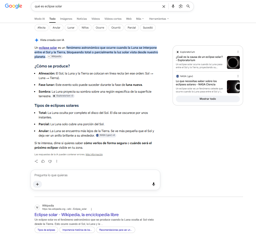 Ejemplo de una AI Overview en la búsqueda