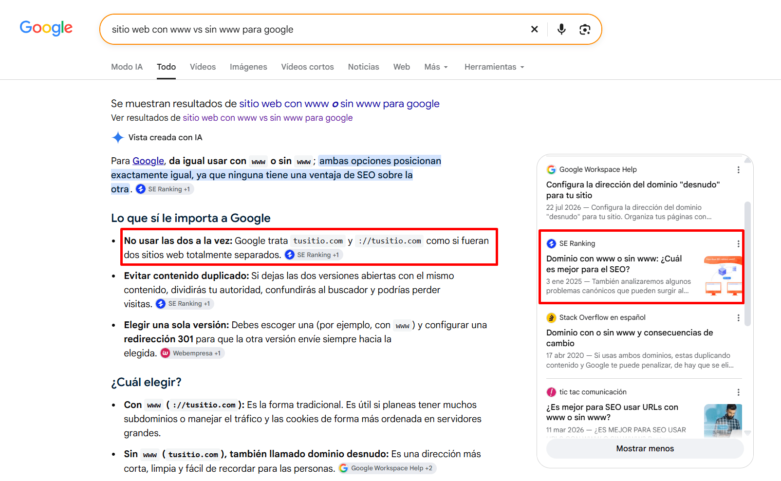 Fuentes del artículo del blog de SE Ranking en una AI Overview Artículo de SE Ranking citado en la AI Overview