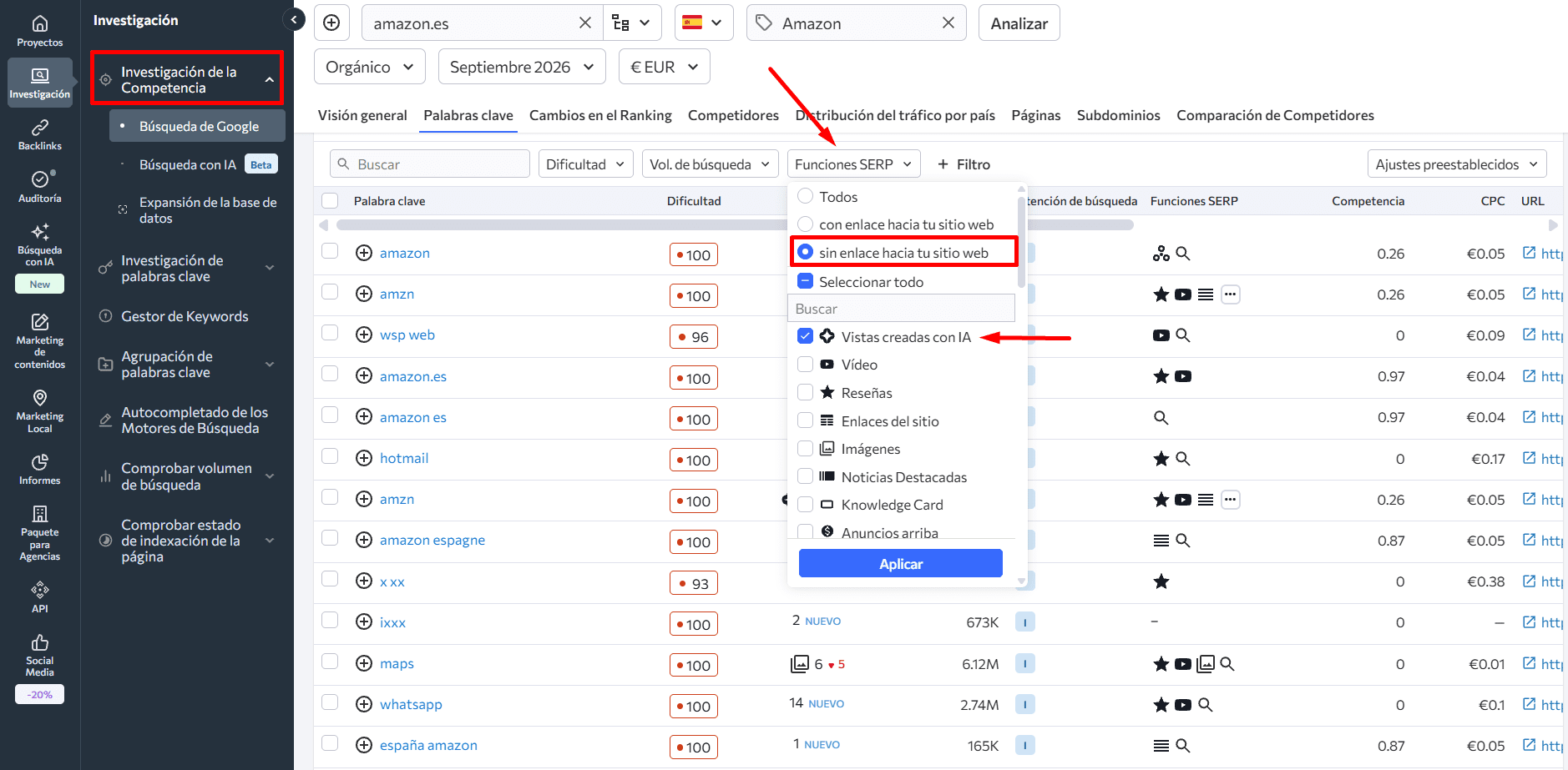Localizar palabras clave que activan AIO sin mencionar tu sitio Cómo localizar las palabras clave que activan AIO pero no mencionan tu sitio