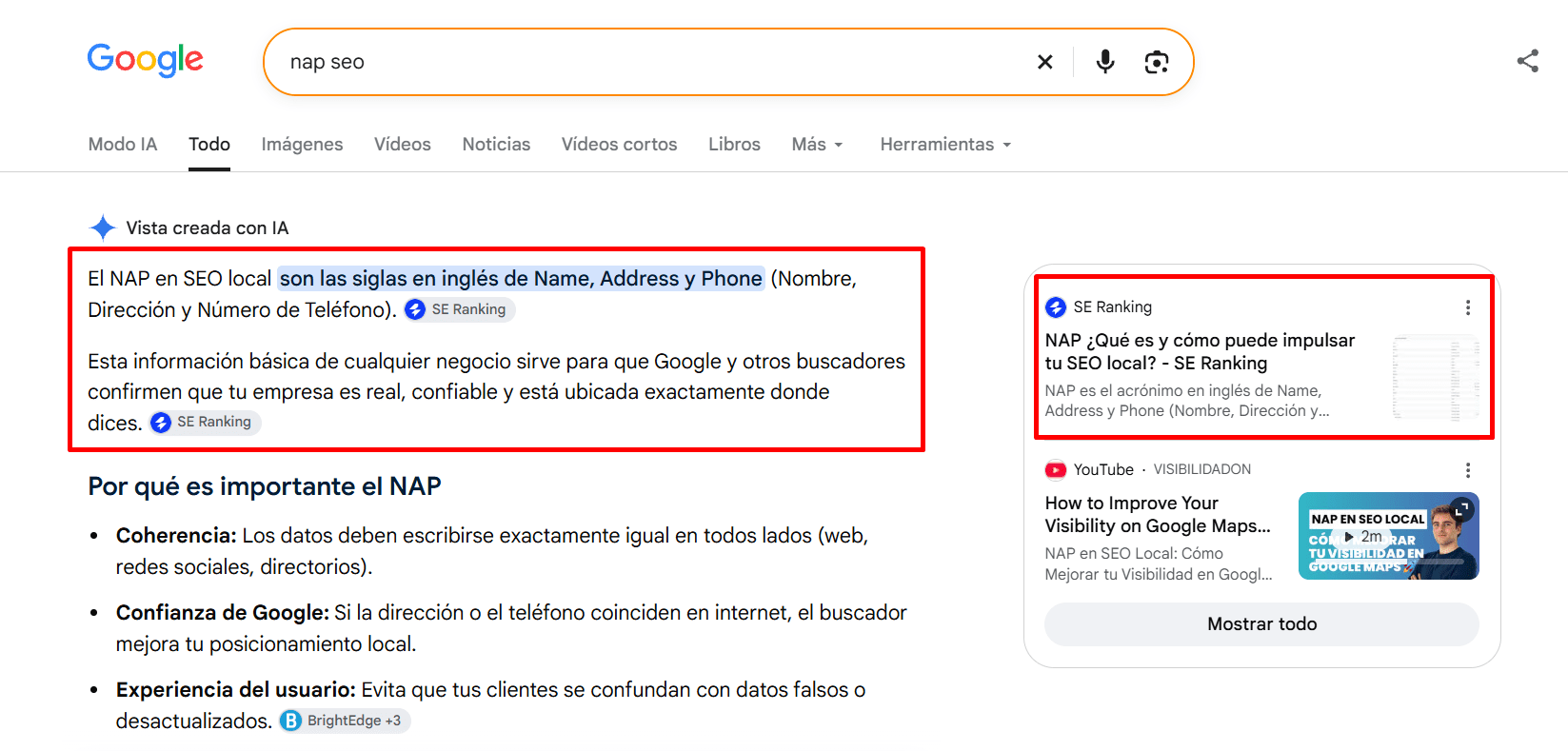 Una AI Overview cita el artículo de NAP para SEO del blog de SE Ranking Fuentes del artículo sobre NAP en una AI Overview
