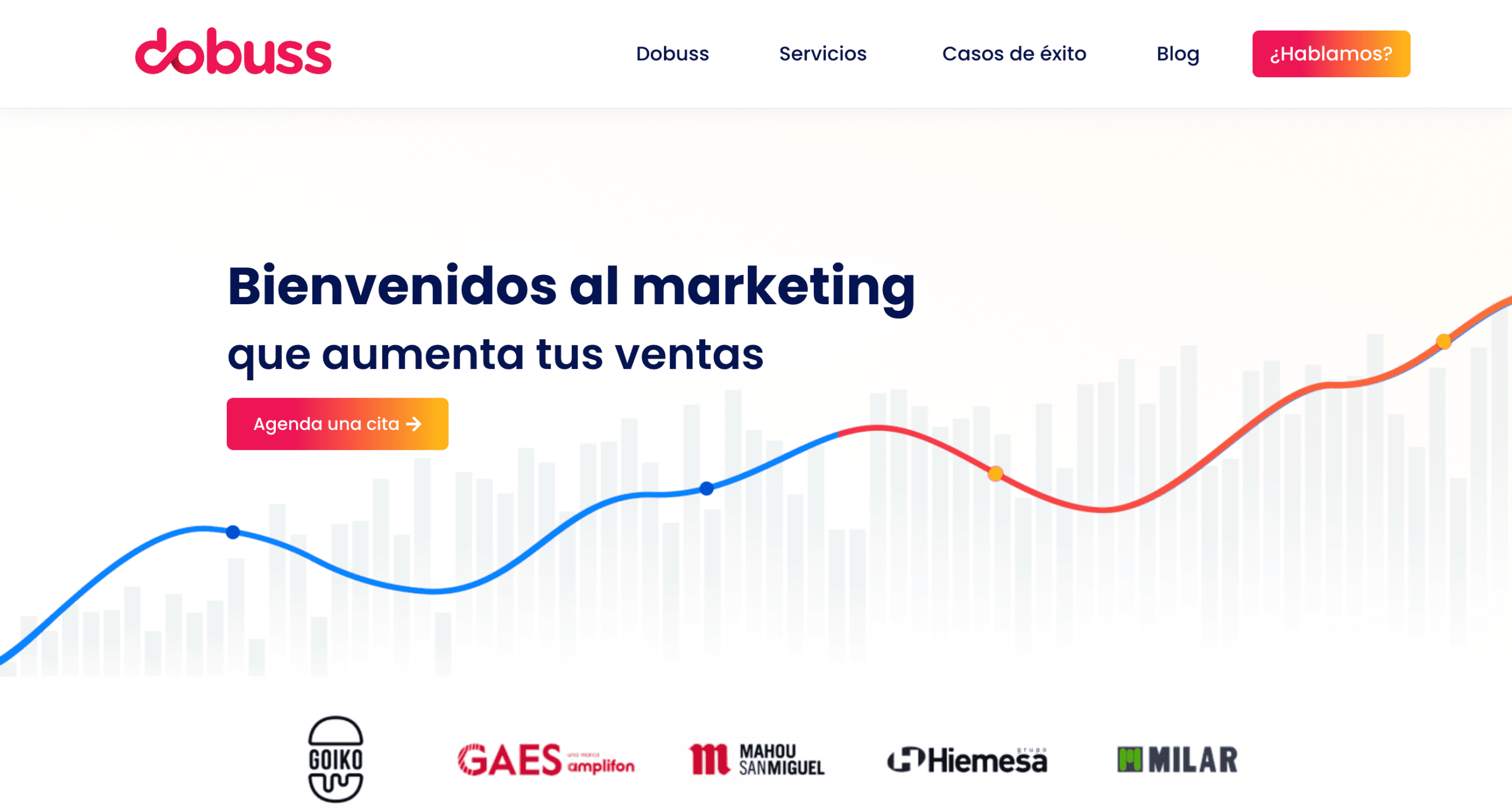 Dobuss: página de inicio Página de inicio de Dobuss, agencia de Córdoba, con el lema «Bienvenidos al marketing que aumenta tus ventas»