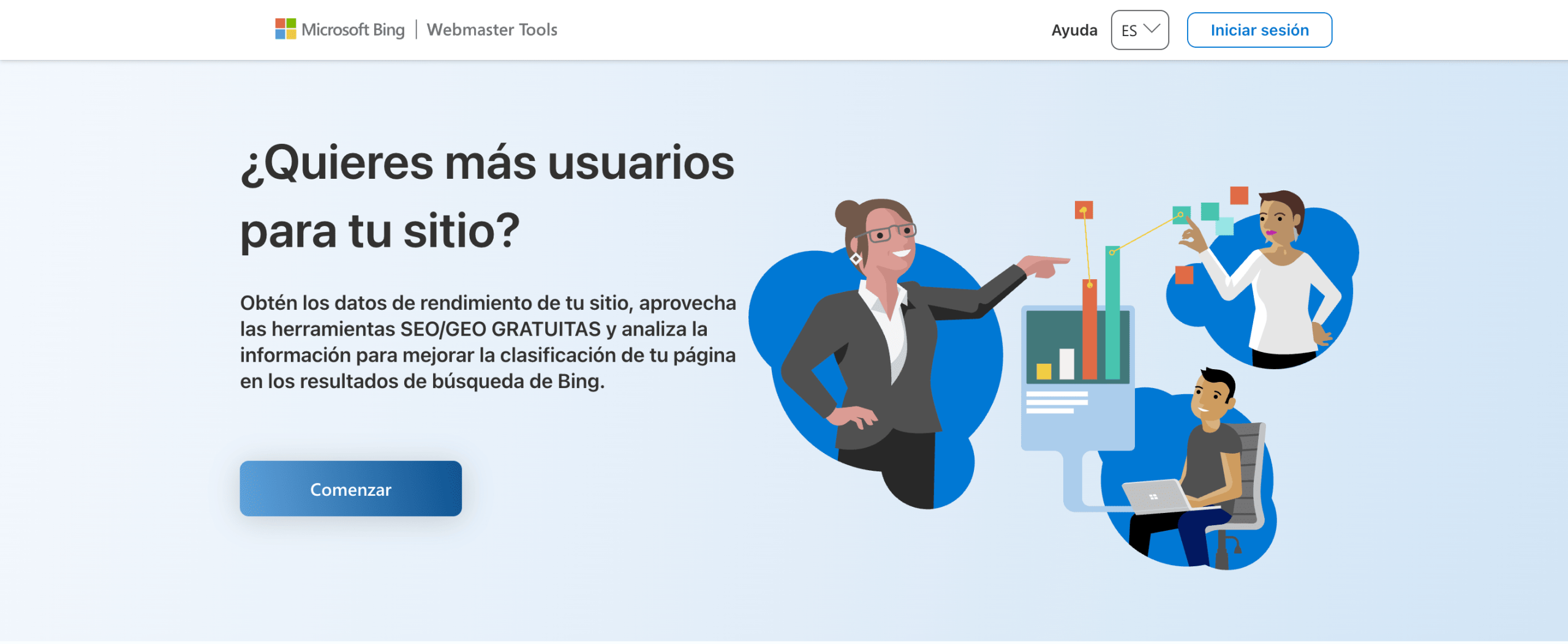 Bing Webmaster Tools para SEO Panel de Bing Webmaster Tools con datos de clics, impresiones y CTR de un sitio web