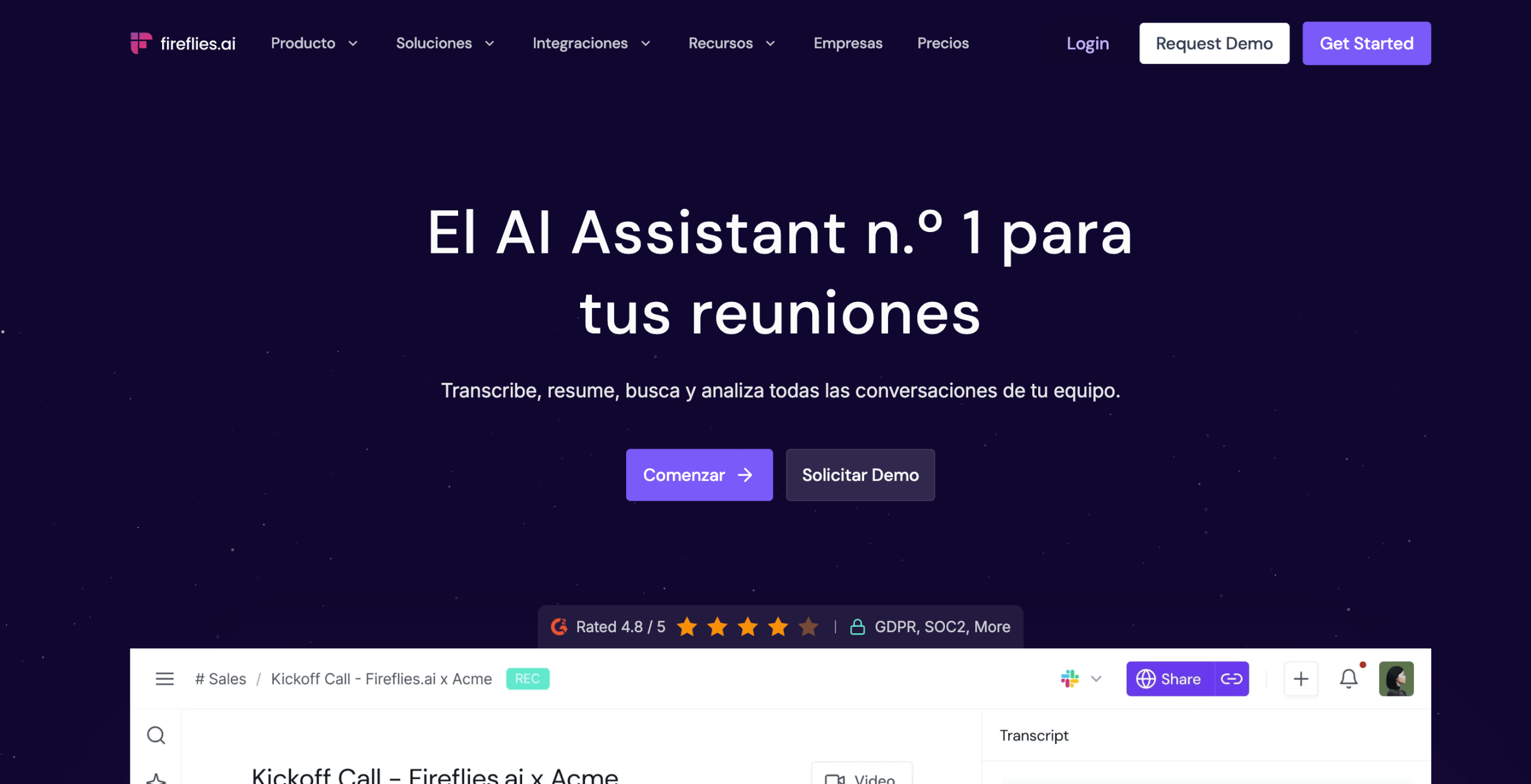 Fireflies Fireflies, asistente de IA que graba, transcribe y resume reuniones