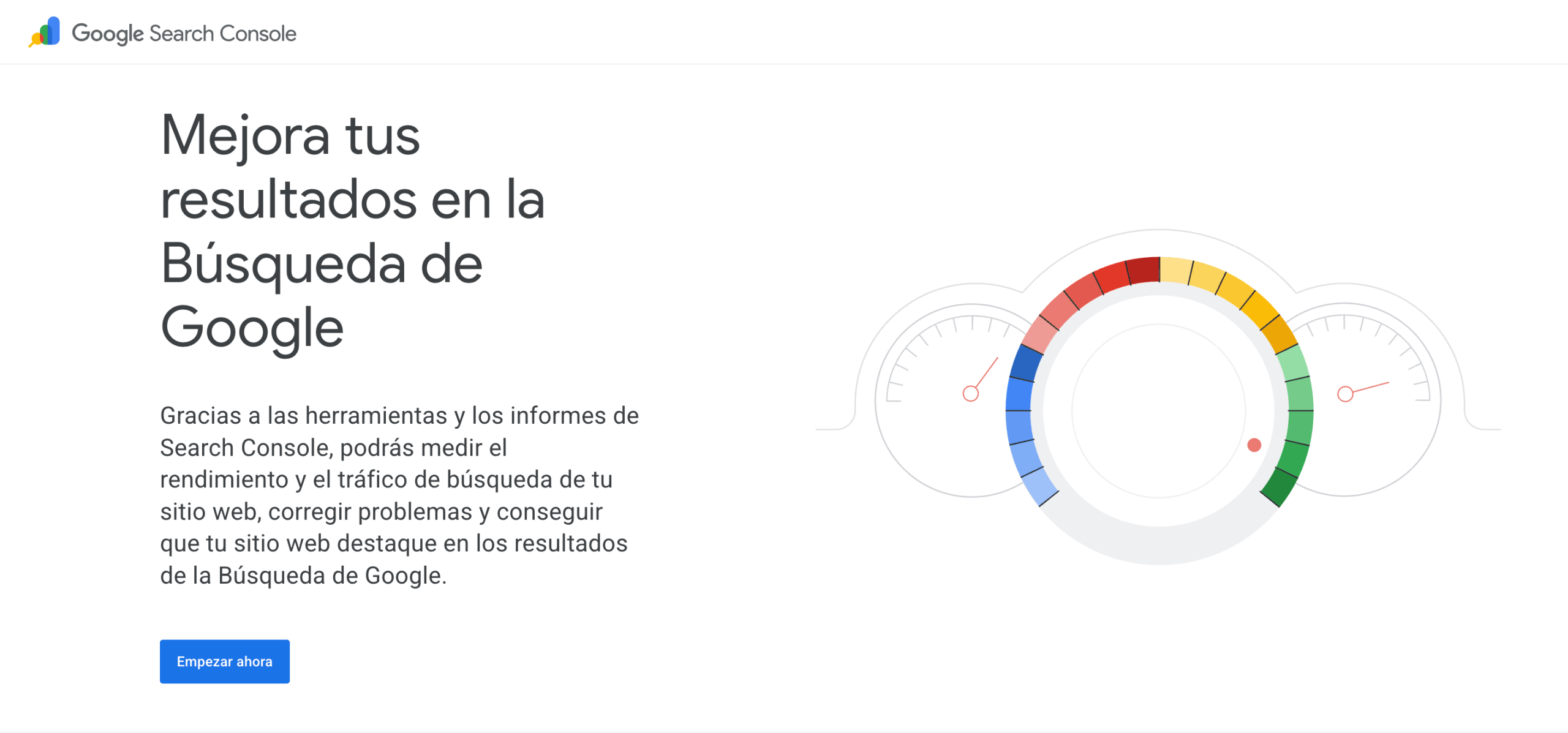 Google Search Console Panel de Google Search Console con datos de rendimiento de un sitio web en la búsqueda de Google