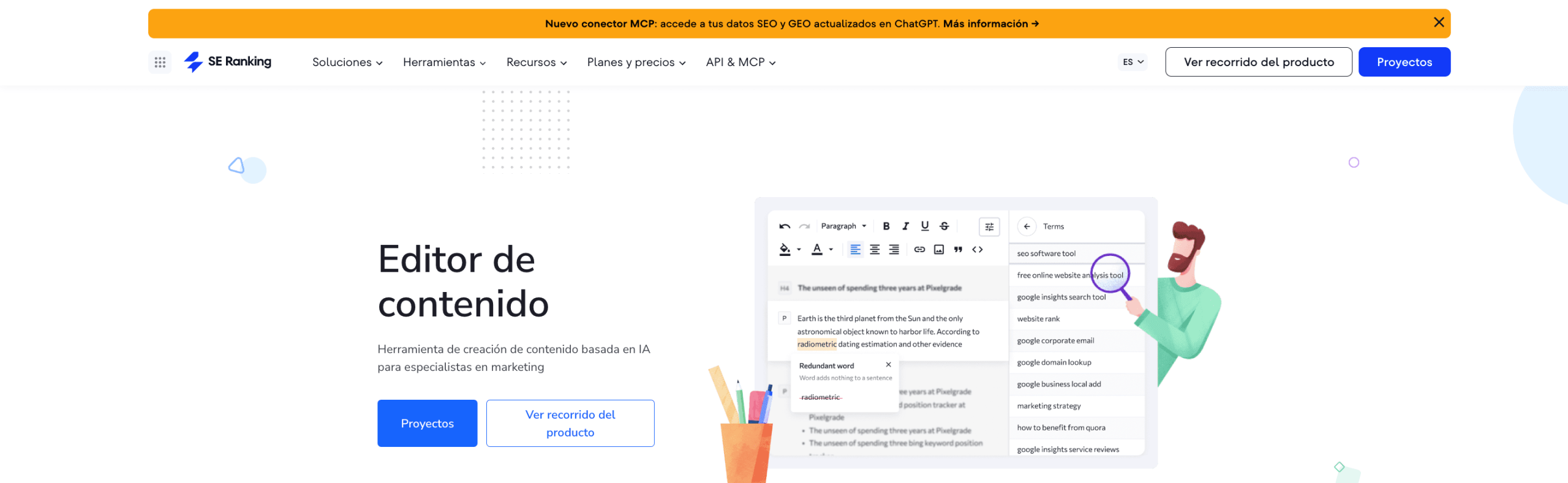 Marketing de contenidos de SE Ranking Editor de contenido del módulo de Marketing de contenidos de SE Ranking