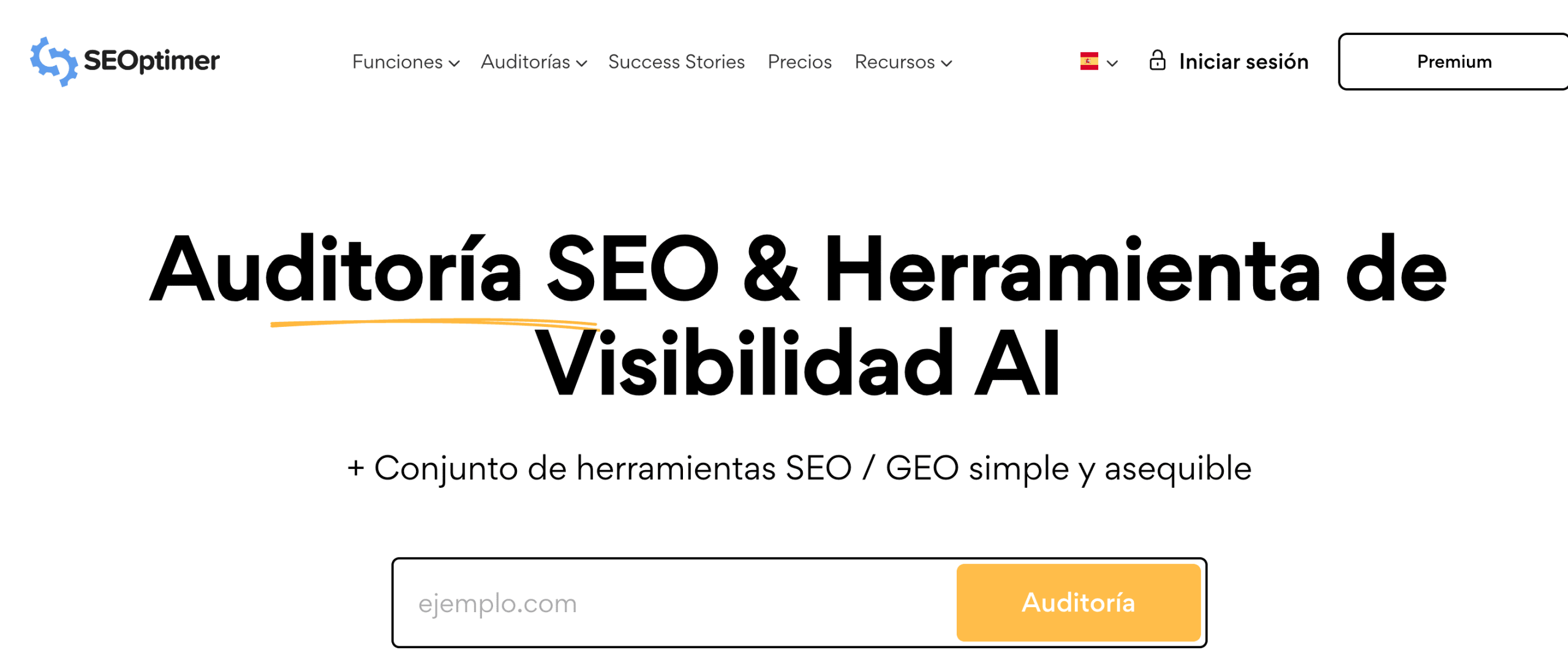 Página de inicio de SEOptimer Página de inicio de SEOptimer, herramienta de auditoría SEO y visibilidad en IA para agencias