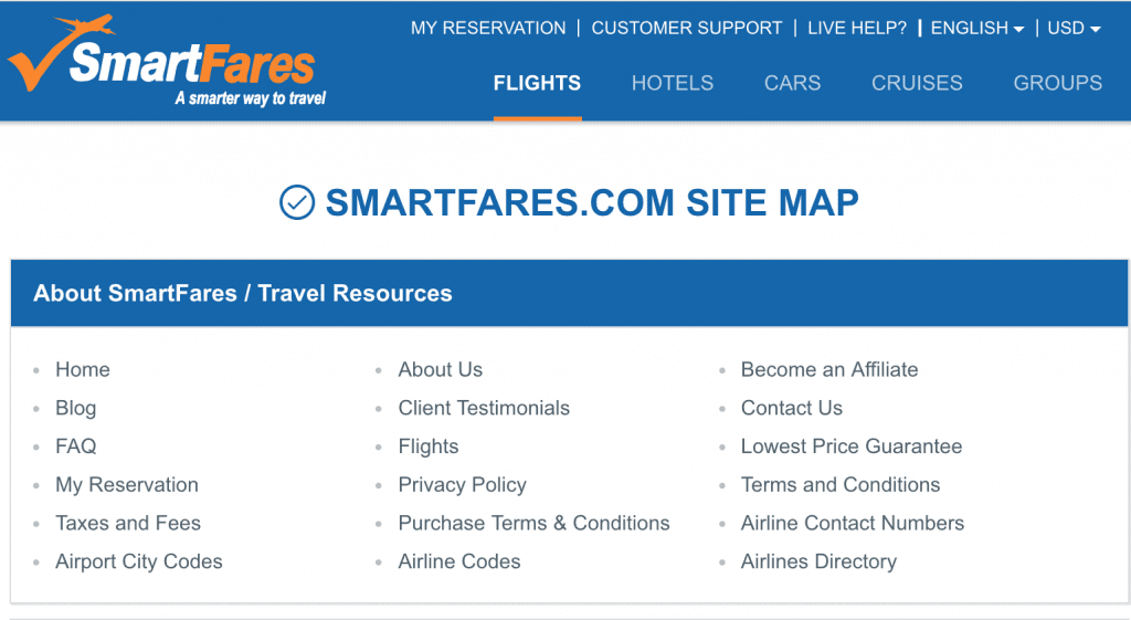 example como es un html sitemap - el ejemplo de SmartFare