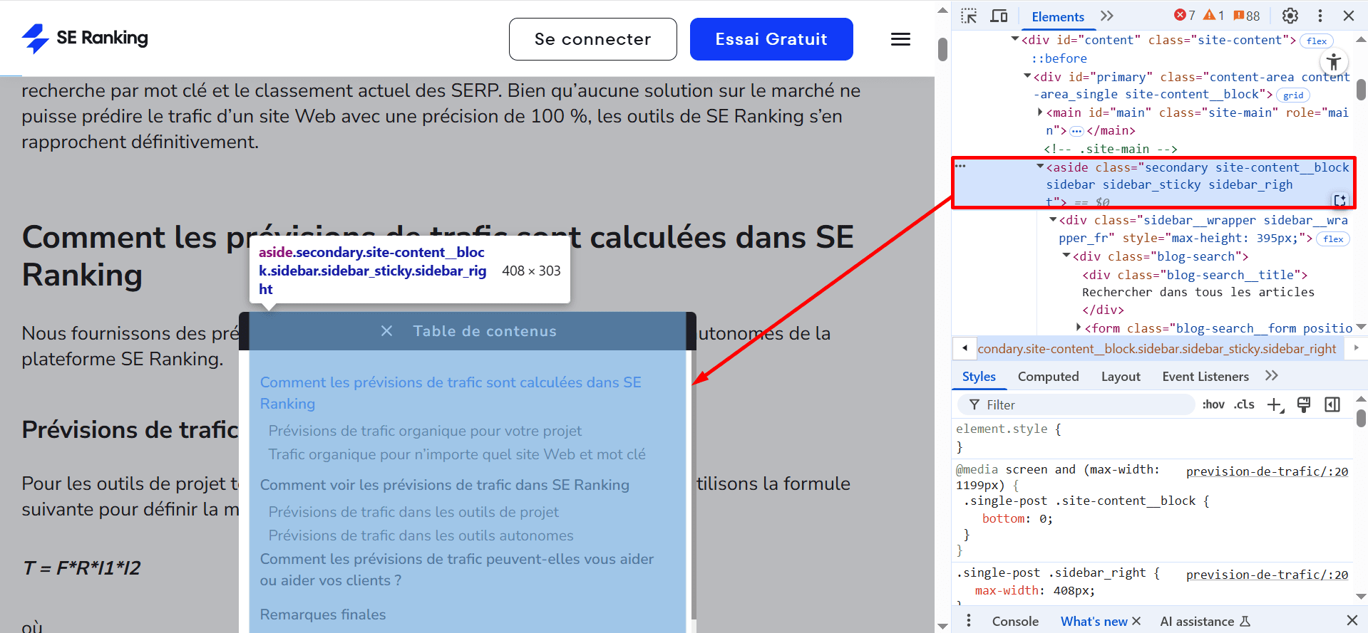 Élément de côté sur la page