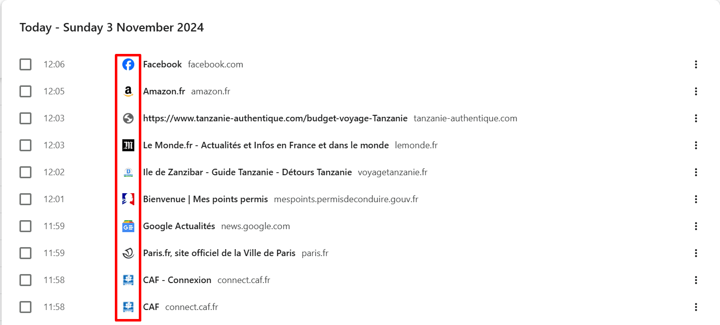 Exemple de favicons dans l'historique du navigateur Google