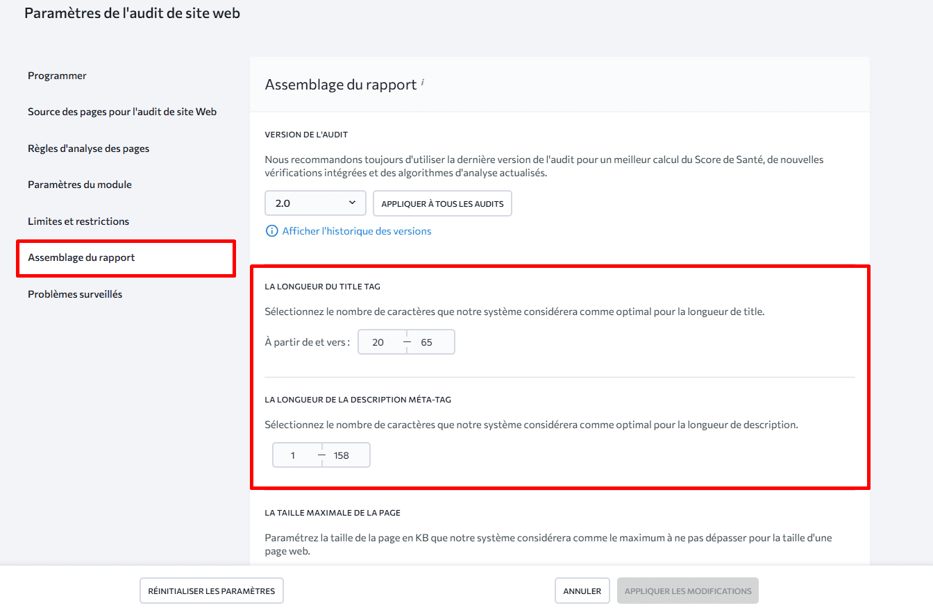 Configuration de l’audit du site Web