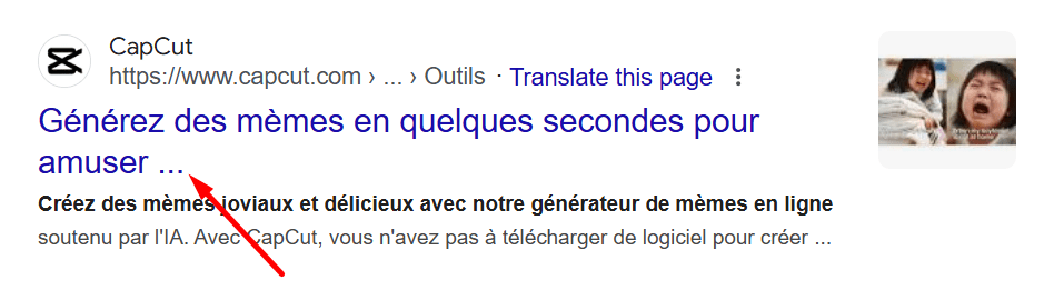 Exemple d'une balise de titre coupée dans l'extrait