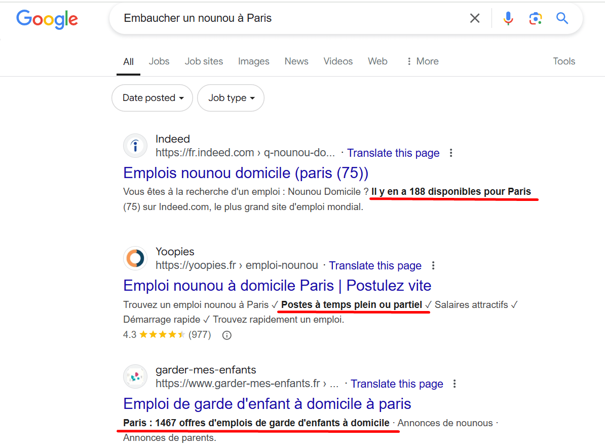 Exemple de mots-clés mis en évidence dans les SERPs