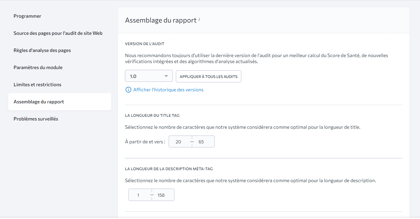 Paramétrage de la longueur optimale du titre et de la description pour l'audit de site web dans SE Ranking