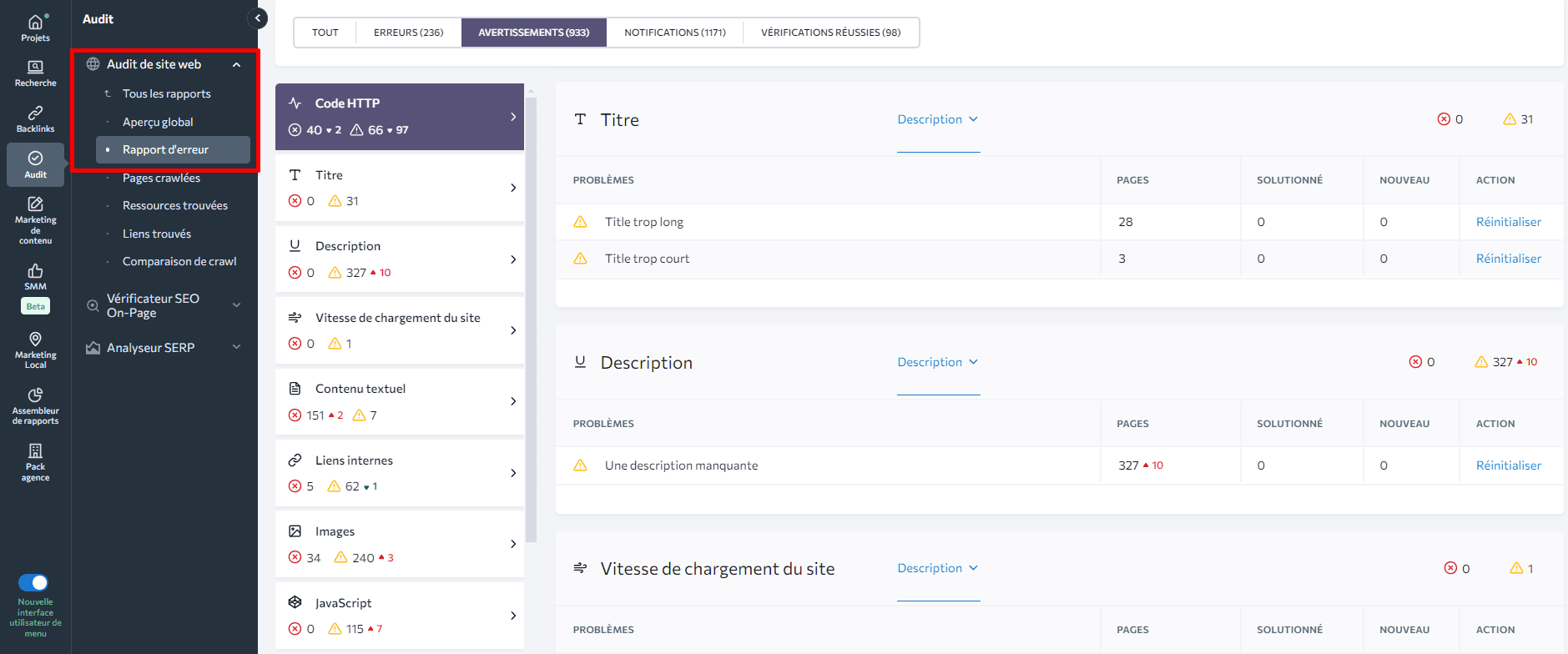 Rapports de problèmes liés aux balises de titre et de description dans l'audit de site web de SE Ranking