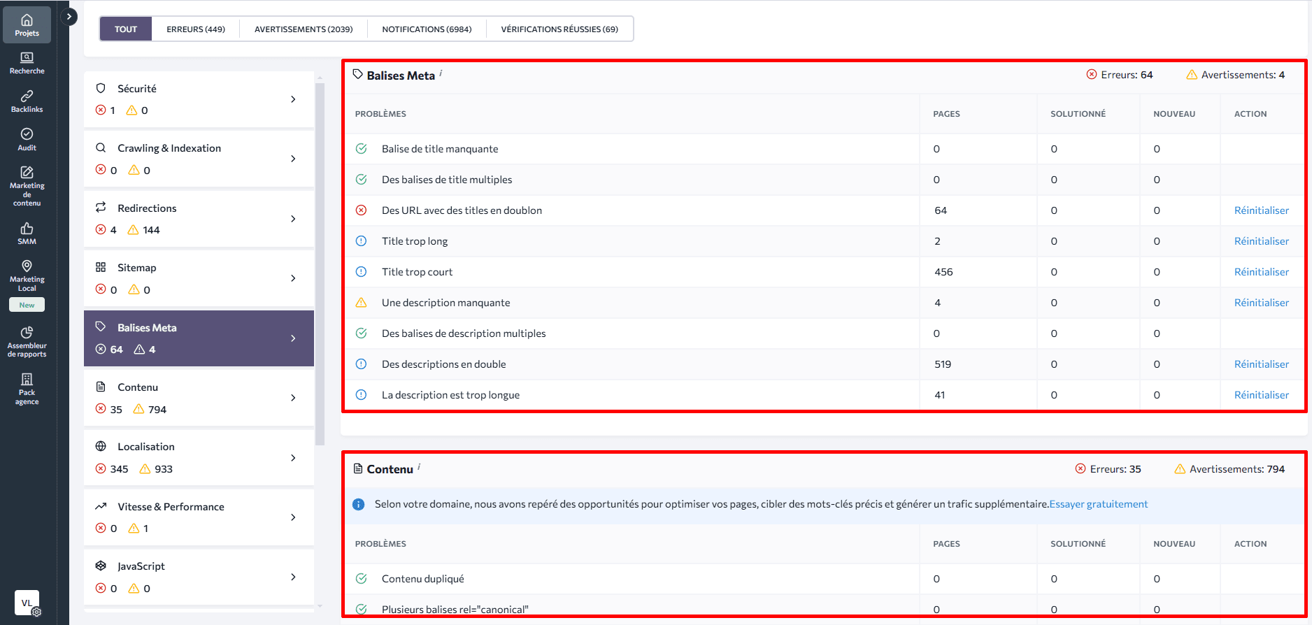 Rapport de vérification du site Web