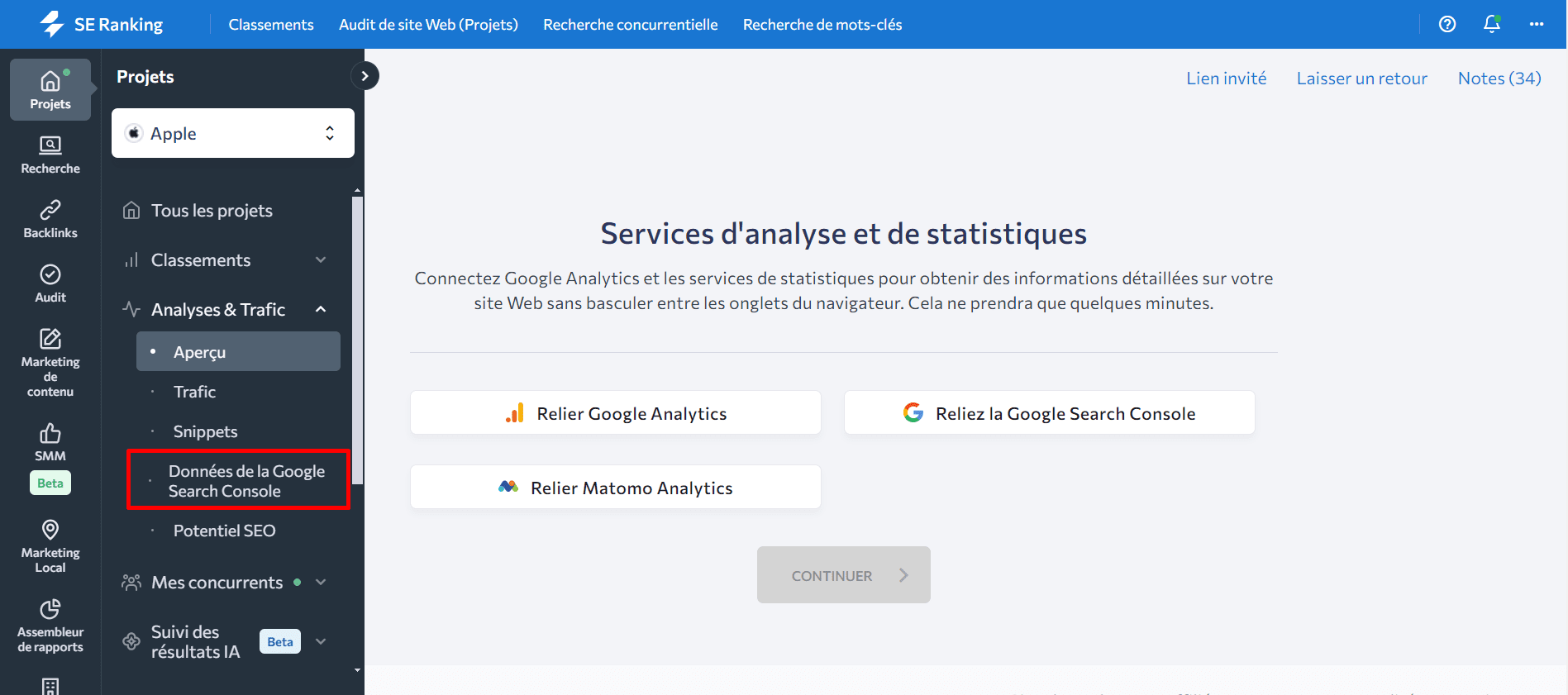 Obtention des données GSC via le module Analytique et Trafic de SE Ranking