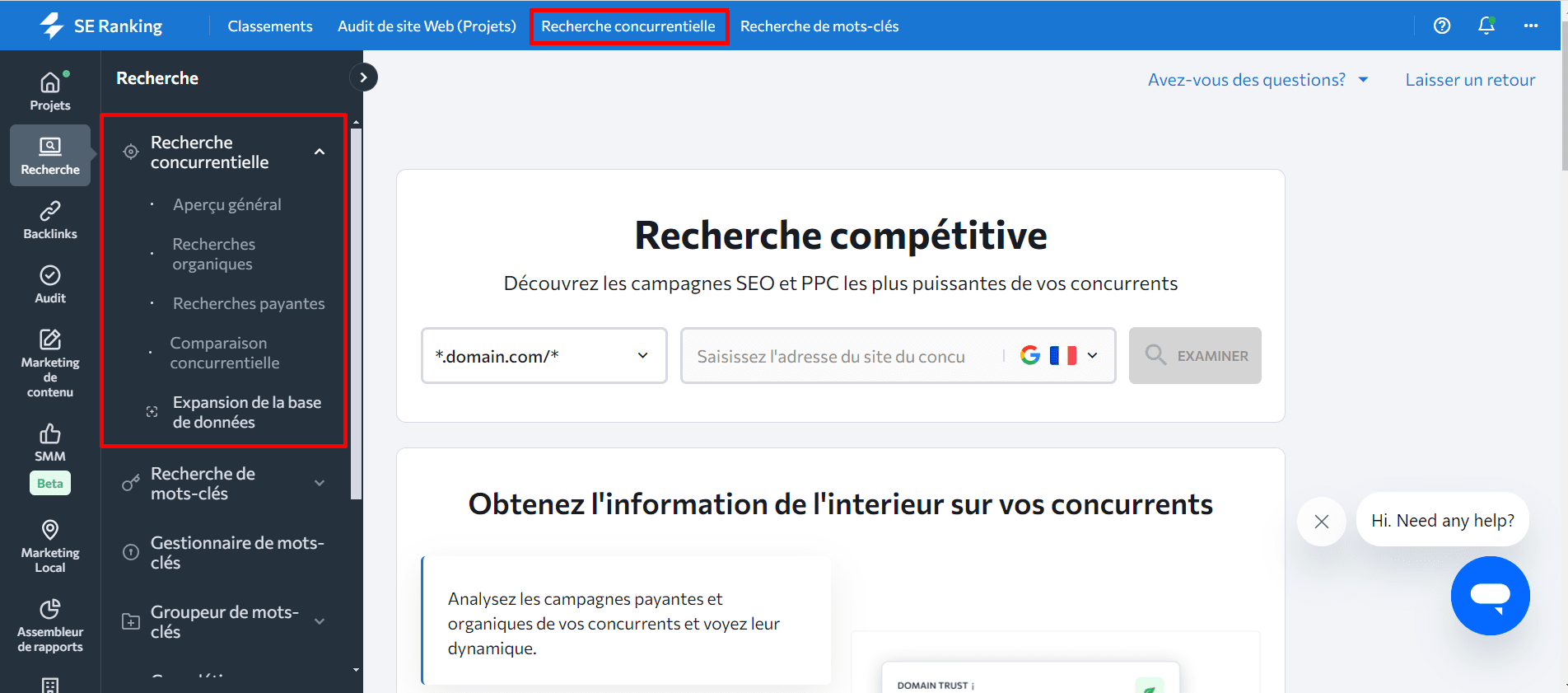 Analysez le nouveau domaine avec Recherche Concurrentielle