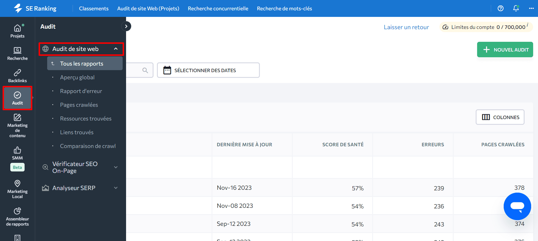 Créez un projet dans SE Ranking