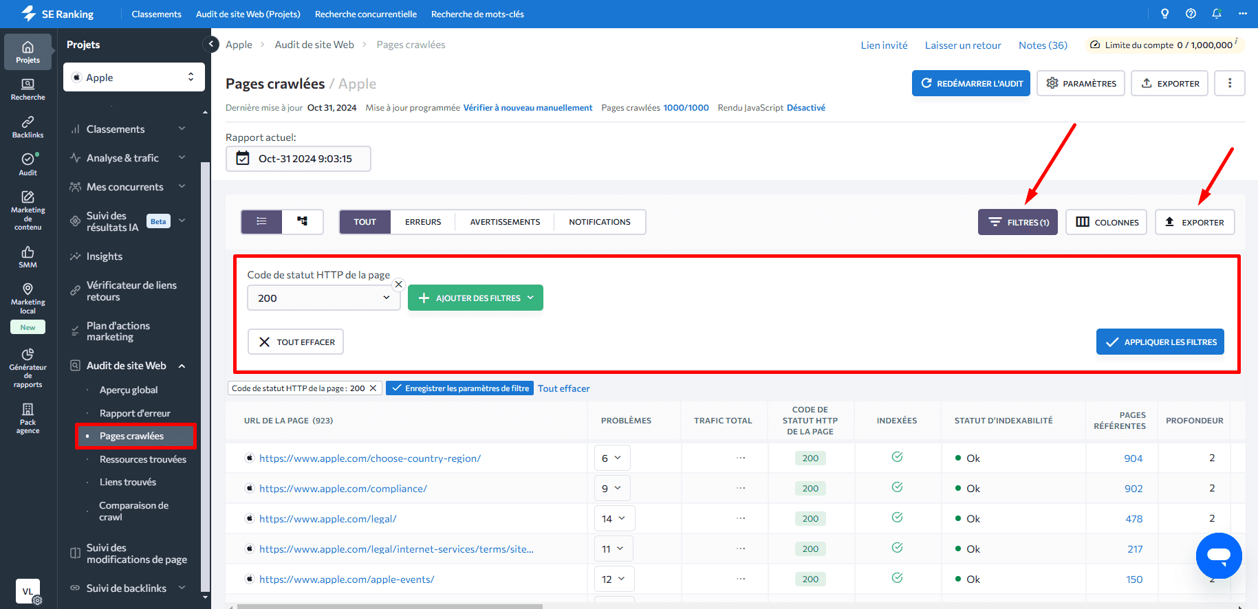 Exporter les URL du site Web