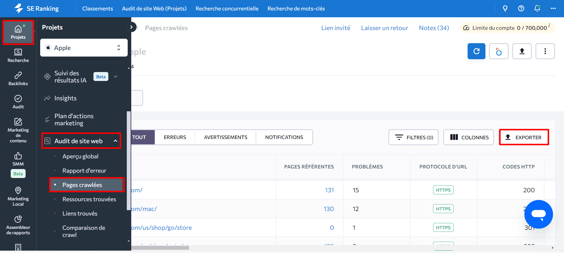 Exportez les URLs du site web