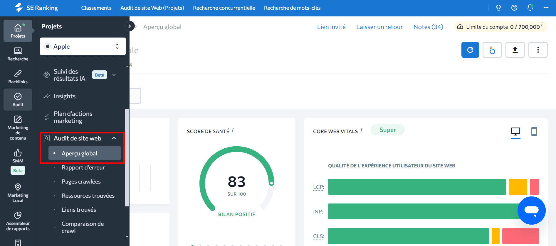 Liens internes trouvés dans l'audit du site web