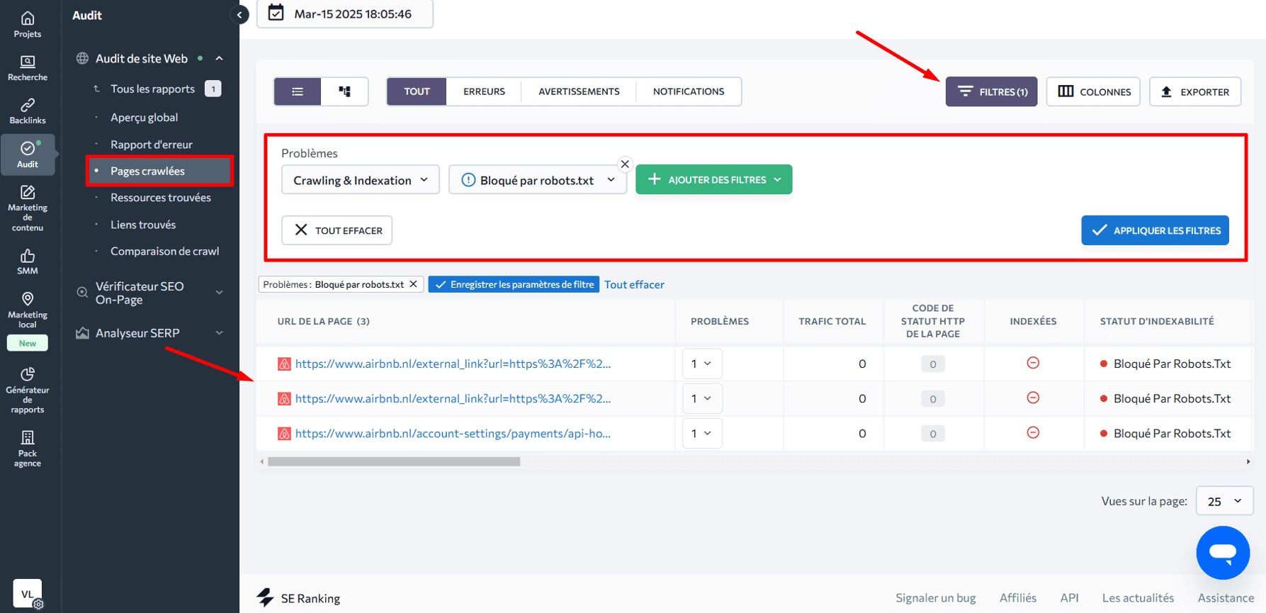 Filtrer les pages avec des erreurs d’indexation