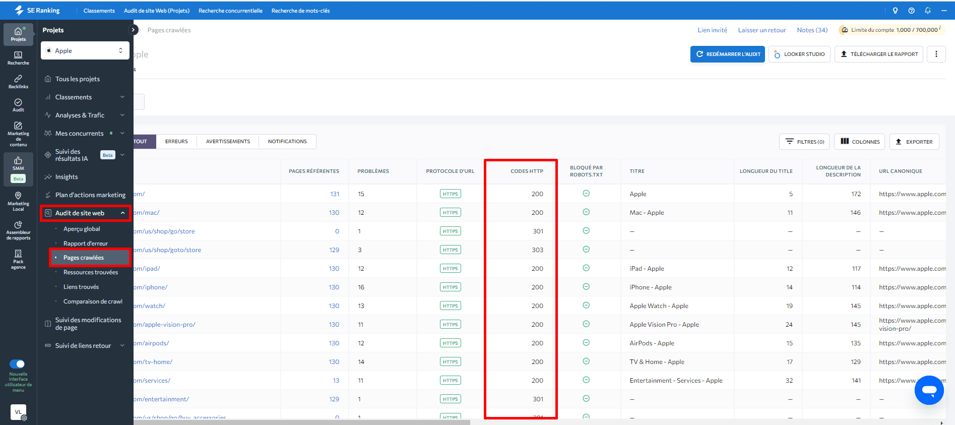 Codes d'état dans le rapport Pages explorées d'audit de site Web