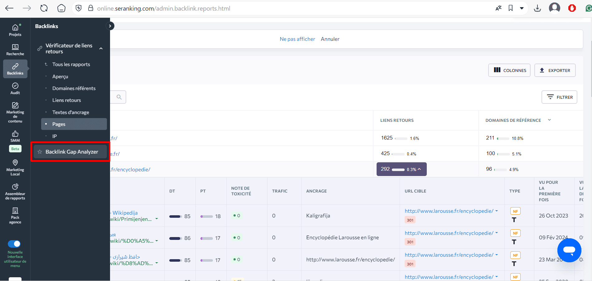 Analyseur d'écart des backlinks de SE Ranking