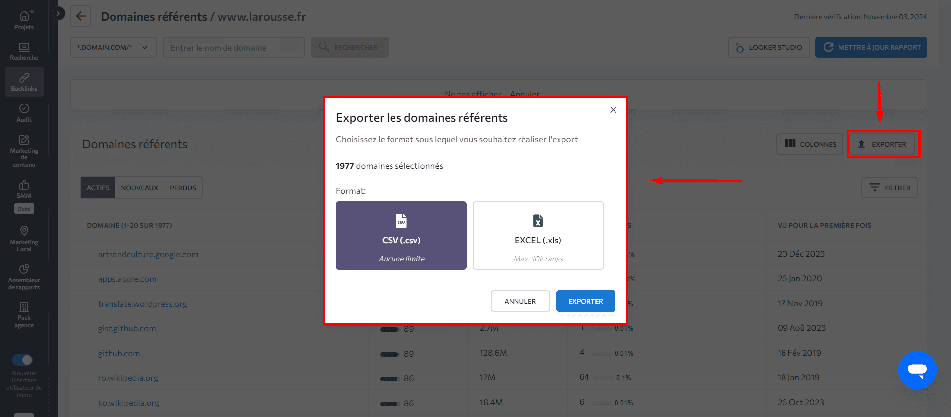 Exporter le rapport des domaines référents depuis Vérificateur de Backlinks