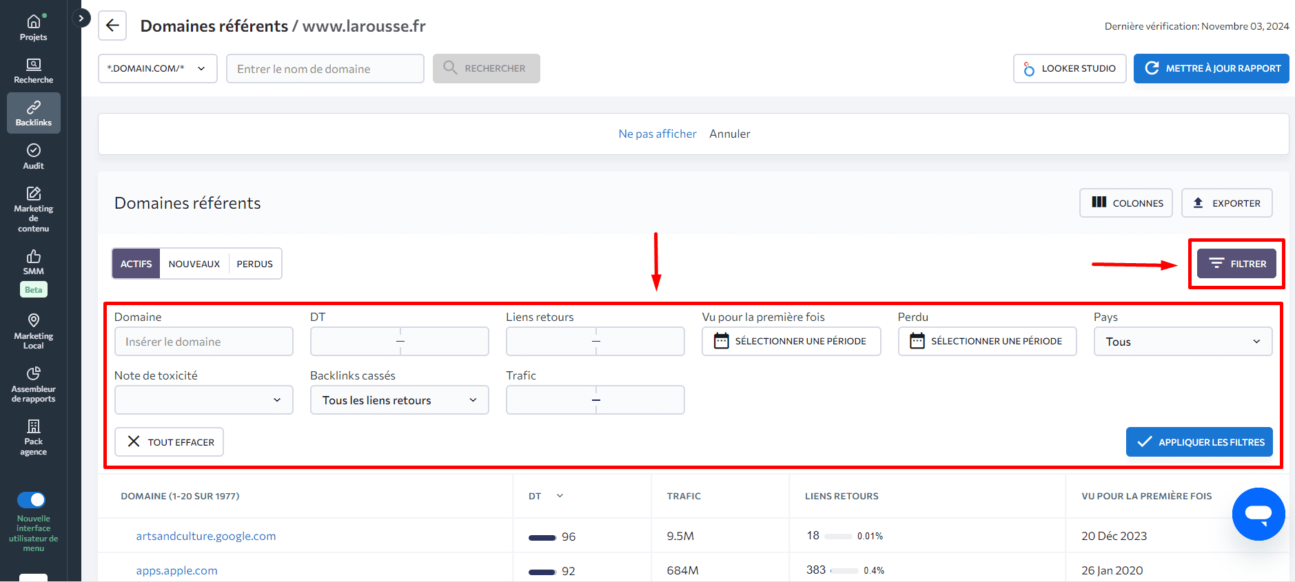 Filtres dans Vérificateur de Backlinks