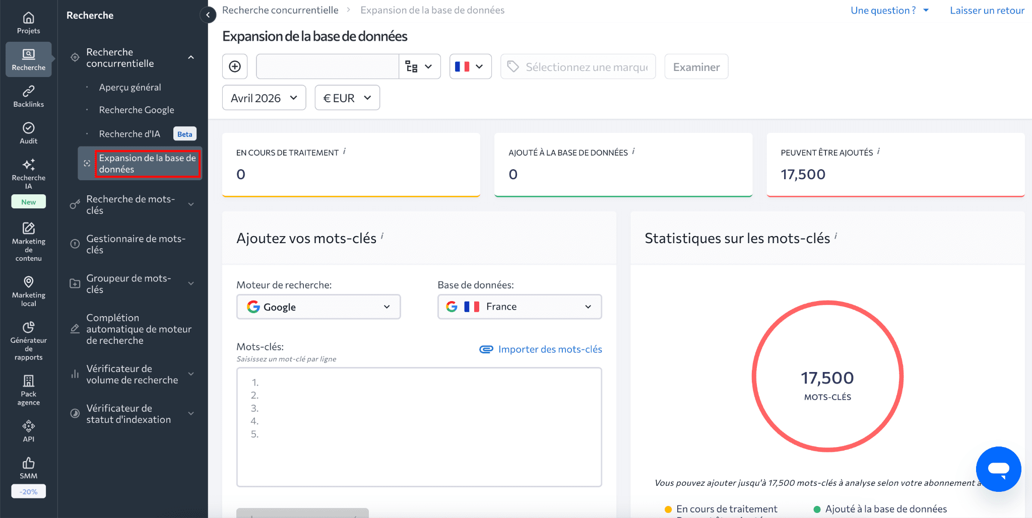 Expansion de la base de données de mots-clés Expansion de la base de données de mots-clés dans SE Ranking