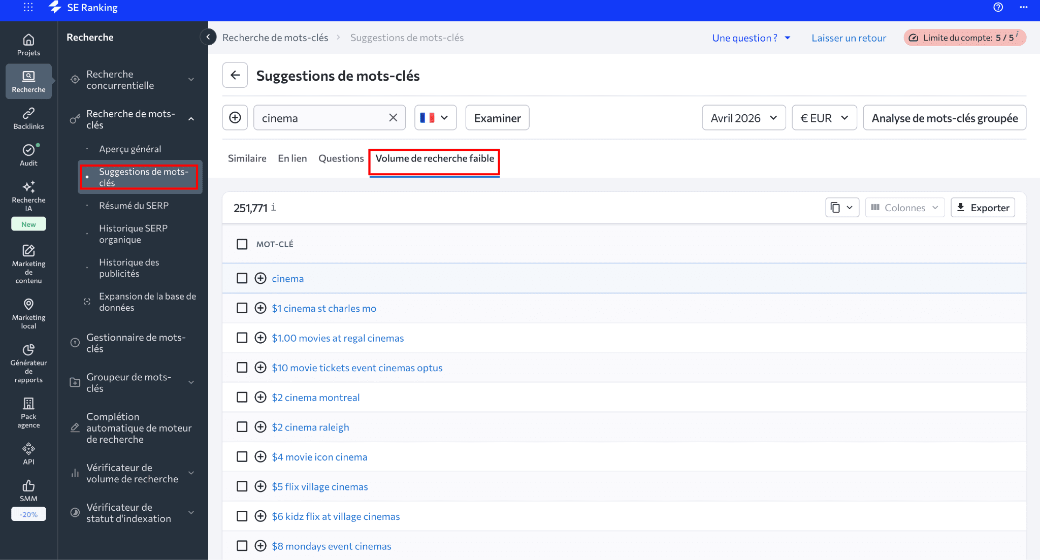 Onglet Mots-clés à faible volume de recherche Onglet Mots-clés à faible volume de recherche dans SE Ranking