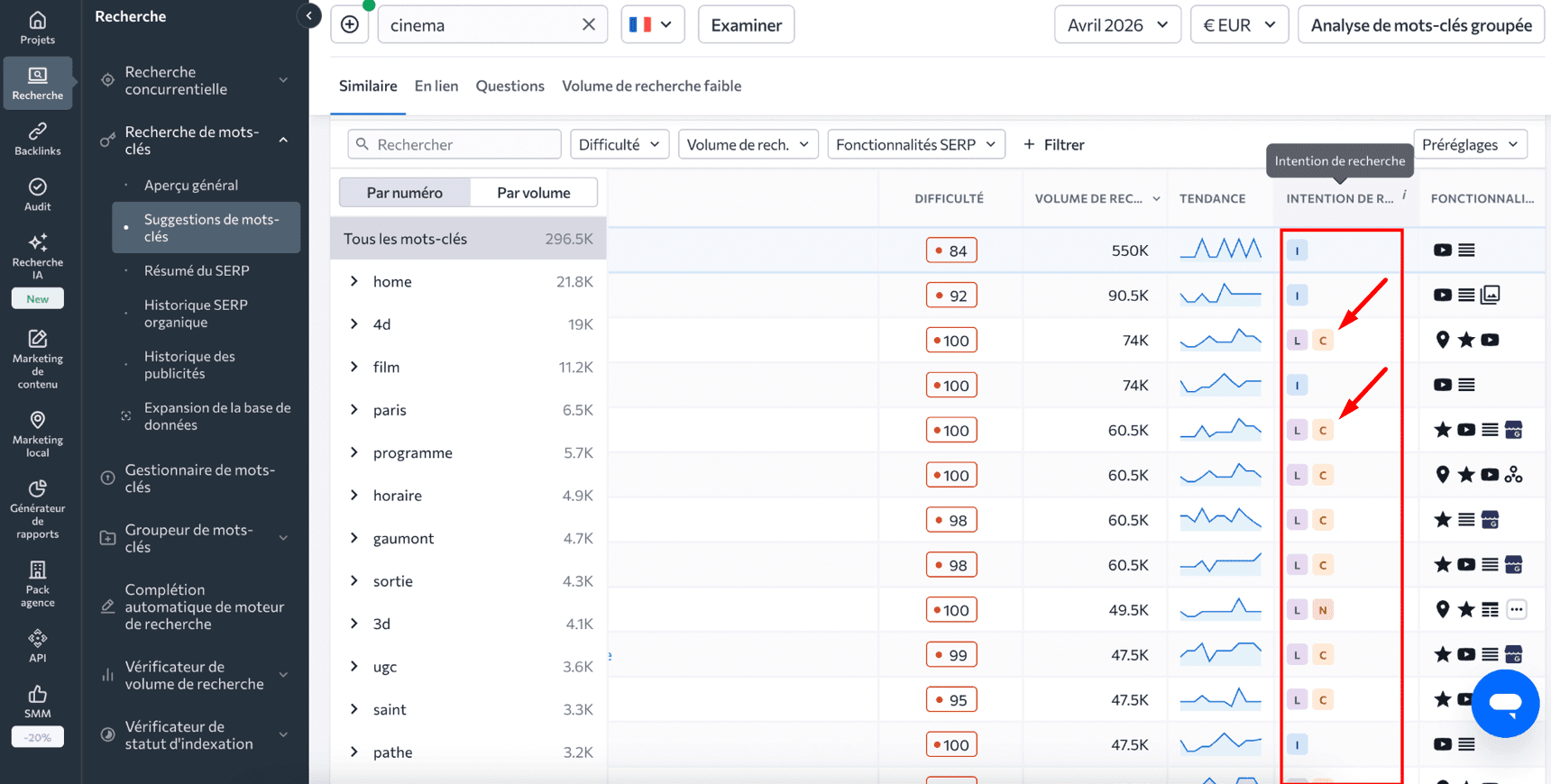 Plusieurs intentions de recherche pour un mot-clé dans SE Ranking Miltiple recherche des intentions pour une clé dans SE Ranking