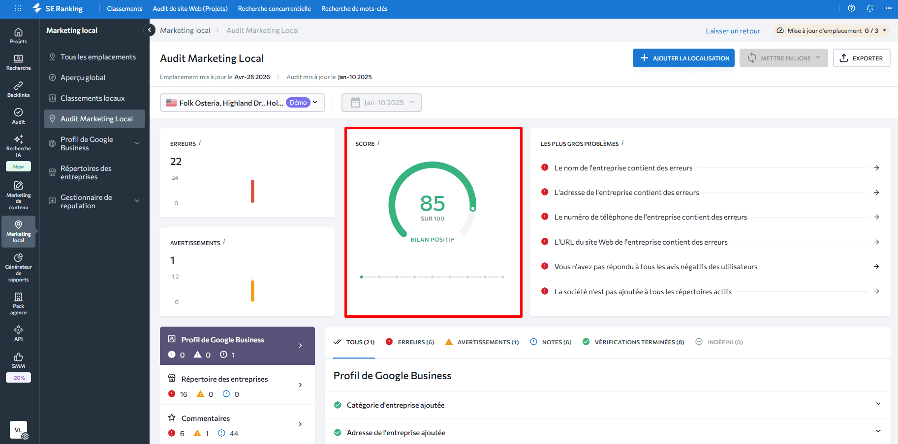 Vérifiez le score de santé local de votre entreprise avec SE Ranking Le score de santé locale de l’entreprise par SE Ranking
