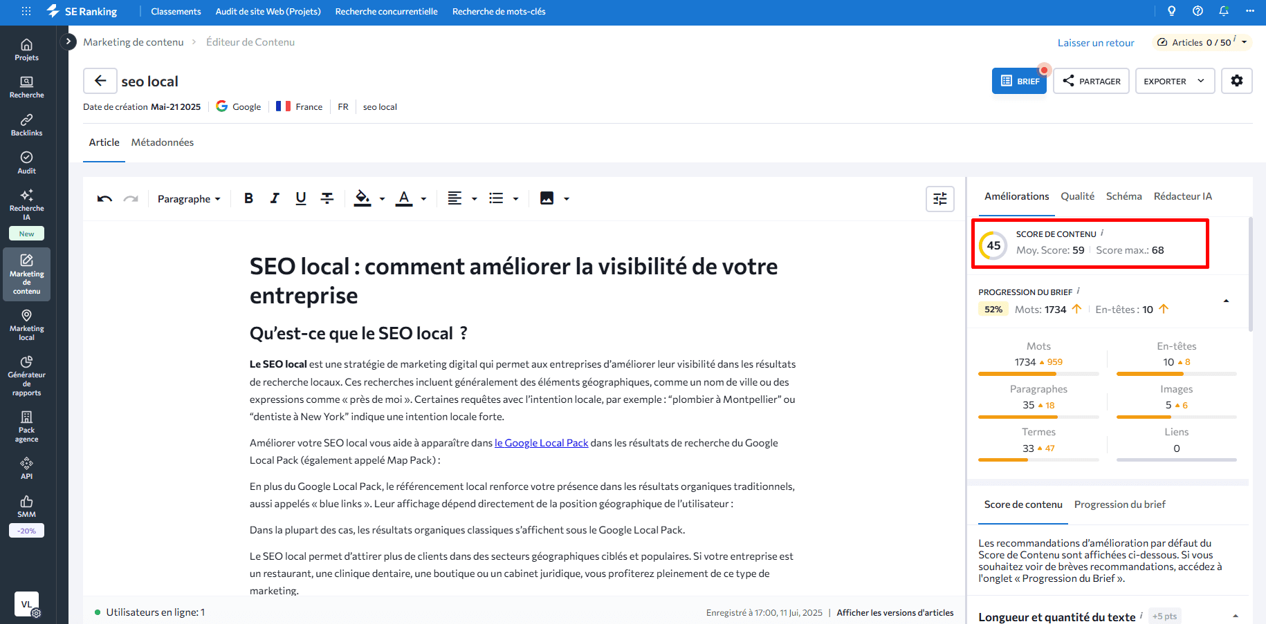 Vérifiez le score de votre contenu avec SE Ranking Le score de contenu dans SE Ranking