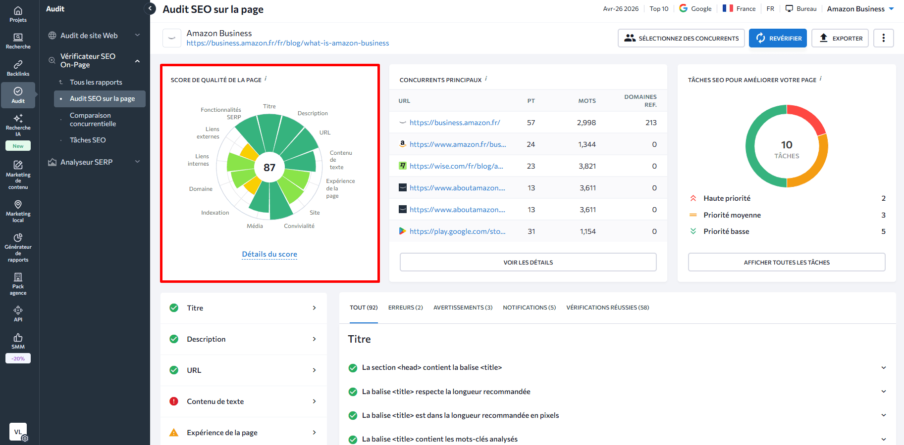 Vérifier le niveau de qualité de la page avec SE Ranking Score de qualité de la page par SE Ranking