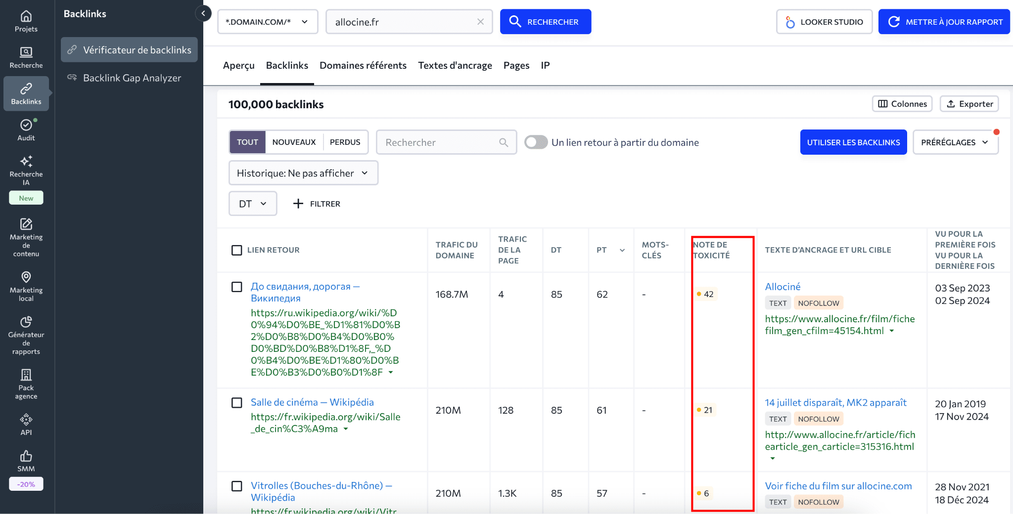 Vérifiez le score de toxicité de vos backlinks avec SE Ranking Score de toxicité de backlinks dans SE Ranking