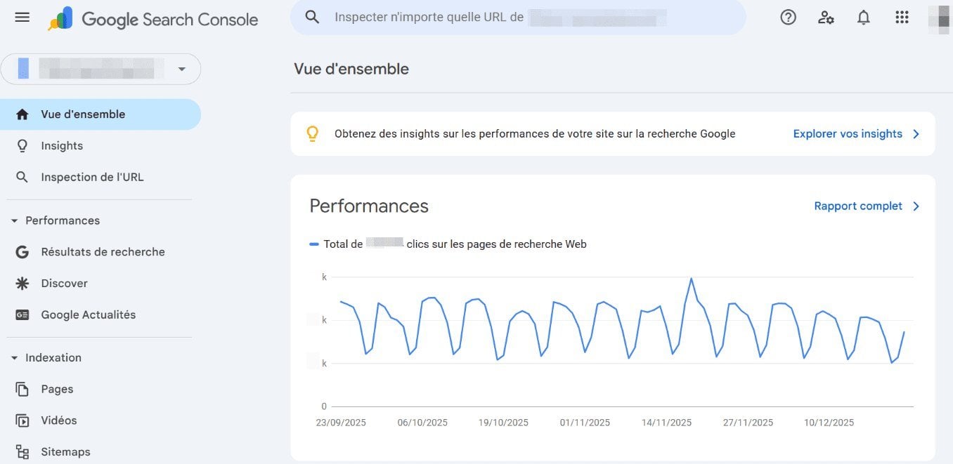 The interface of Google Search Console Interface de Google Search Console
