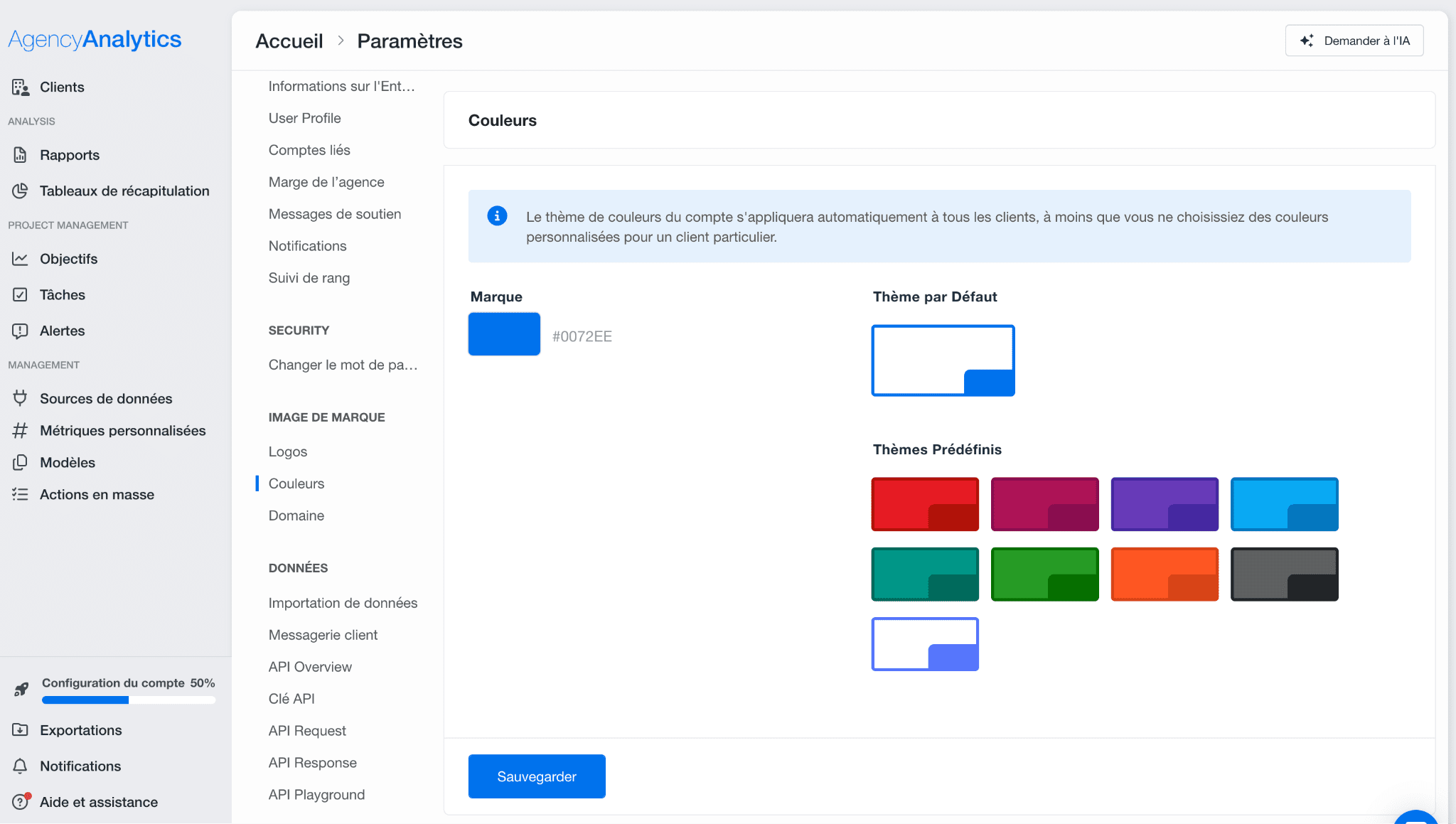 Options de personnalisation de AgencyAnalytics