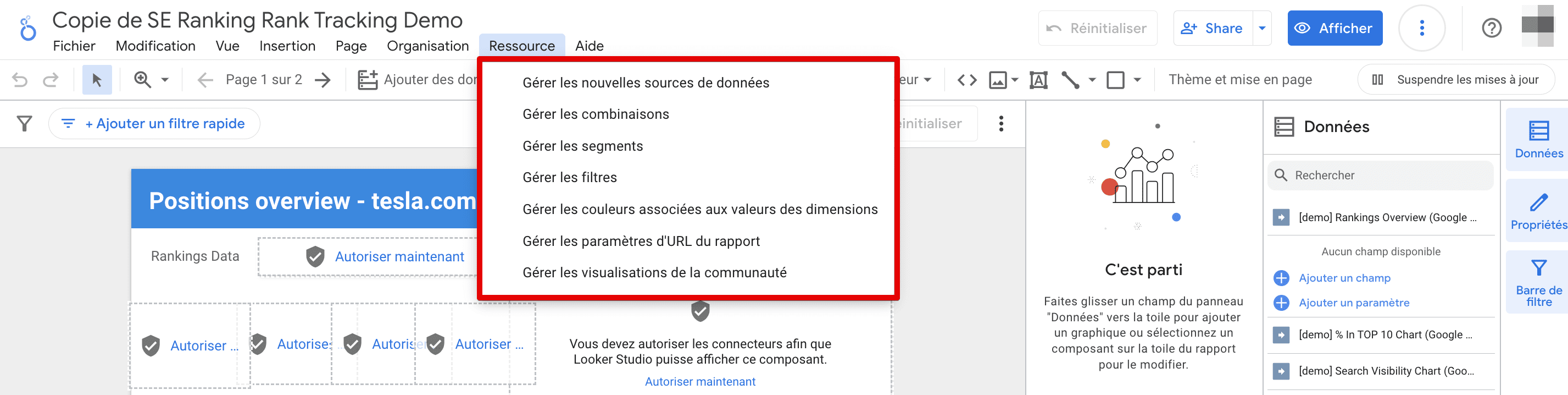 Option Gérer les sources de données ajoutées dans Looker Studio