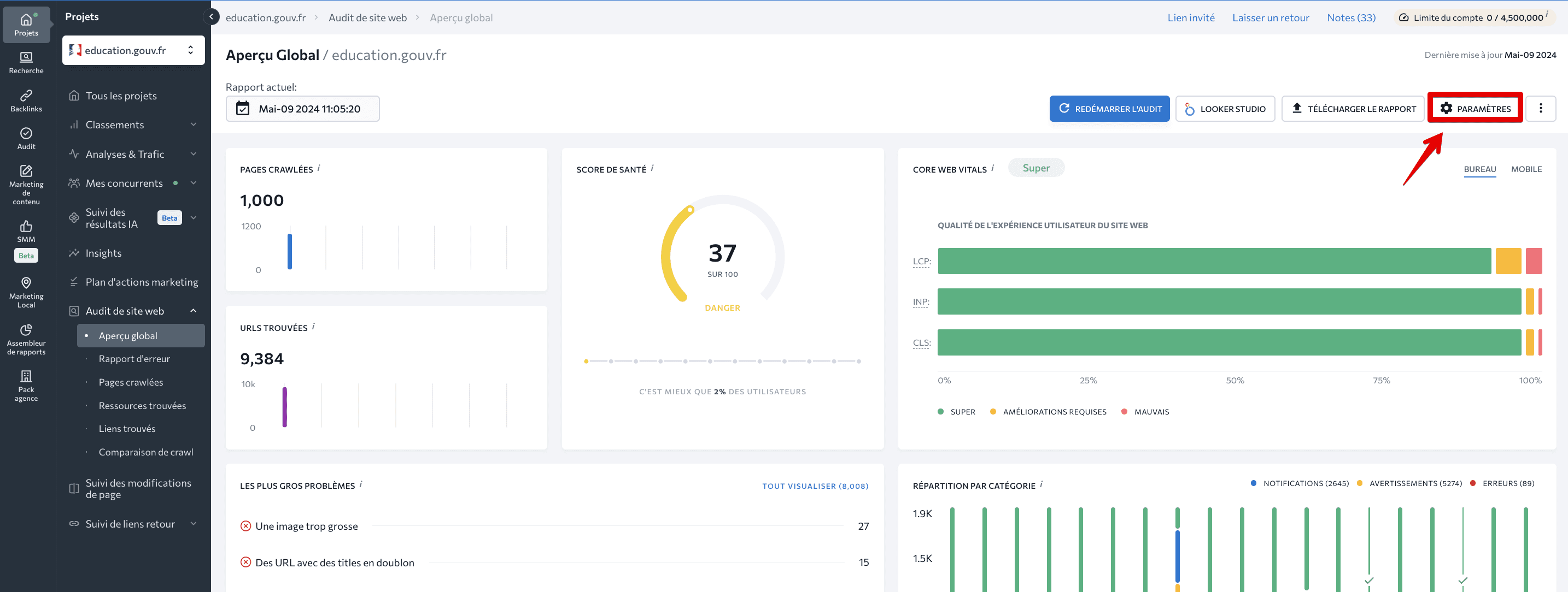 Ouvrir les paramètres d'audit de site Web