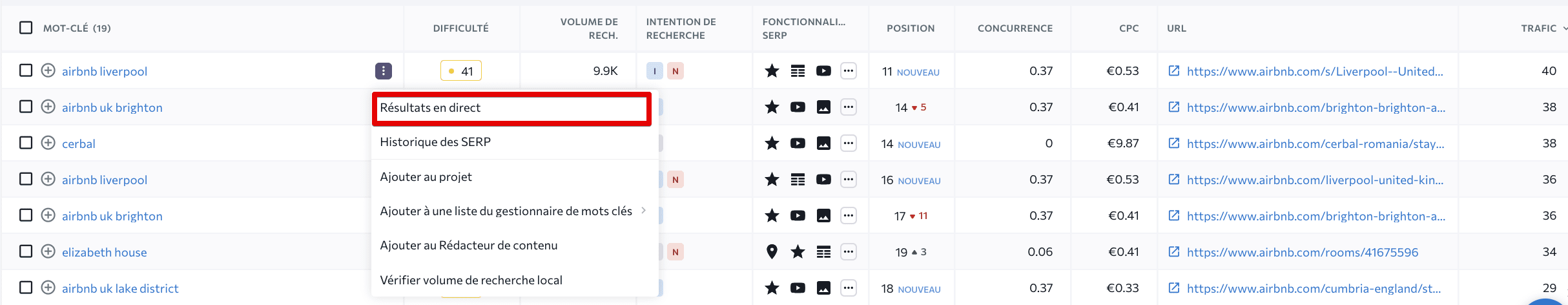 Résultats vidéo en direct du SERP