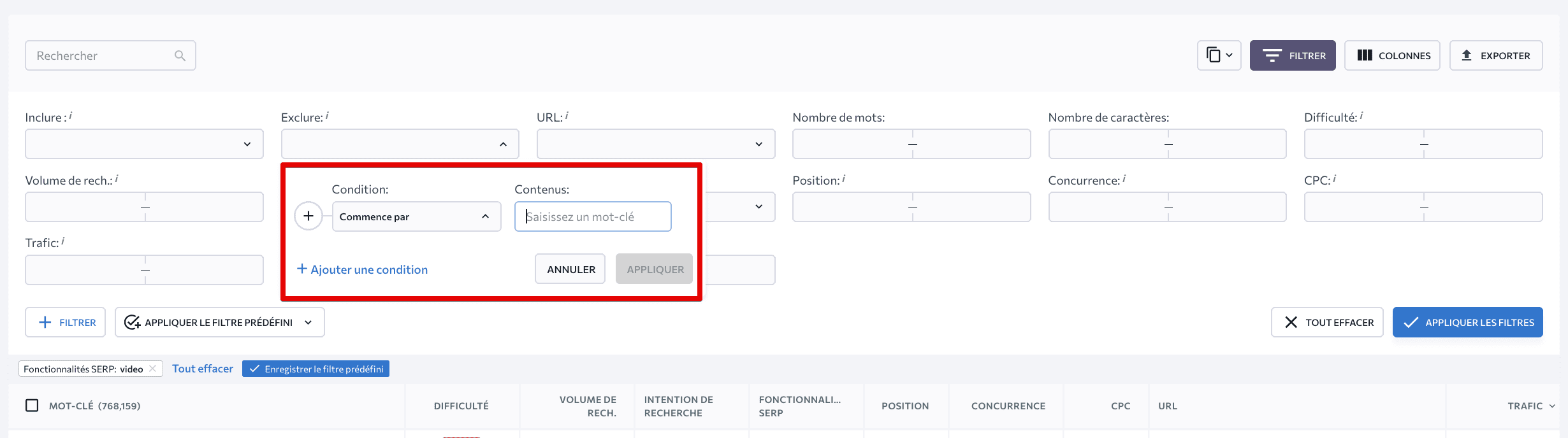 affiner la liste de mots clés