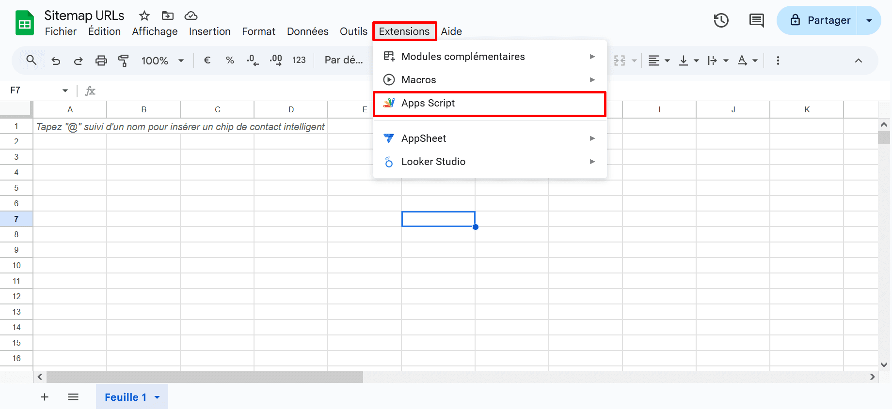 Choisissez Apps Script dans Google Sheets