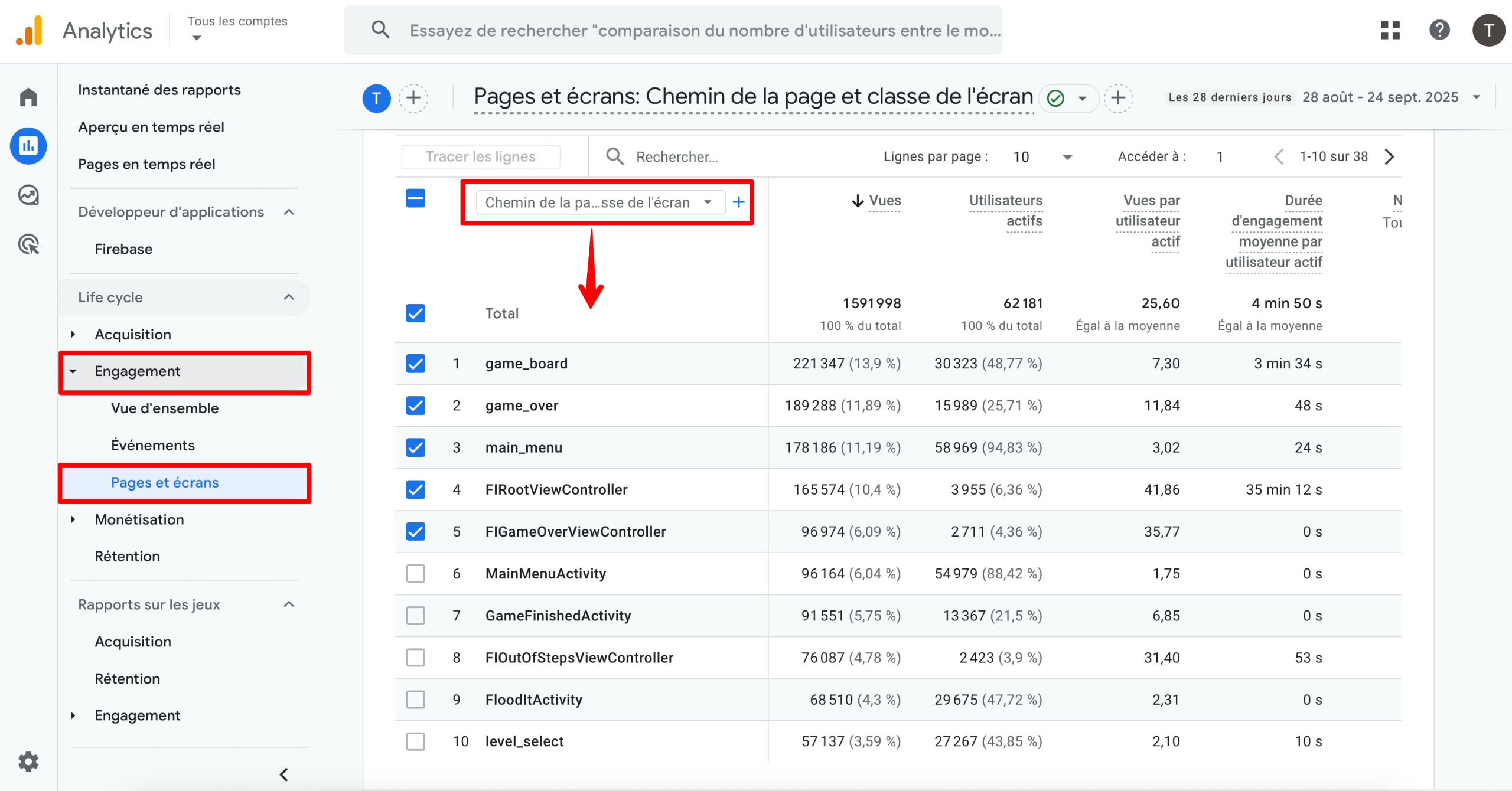 Rapport sur les pages et les écrans dans GA