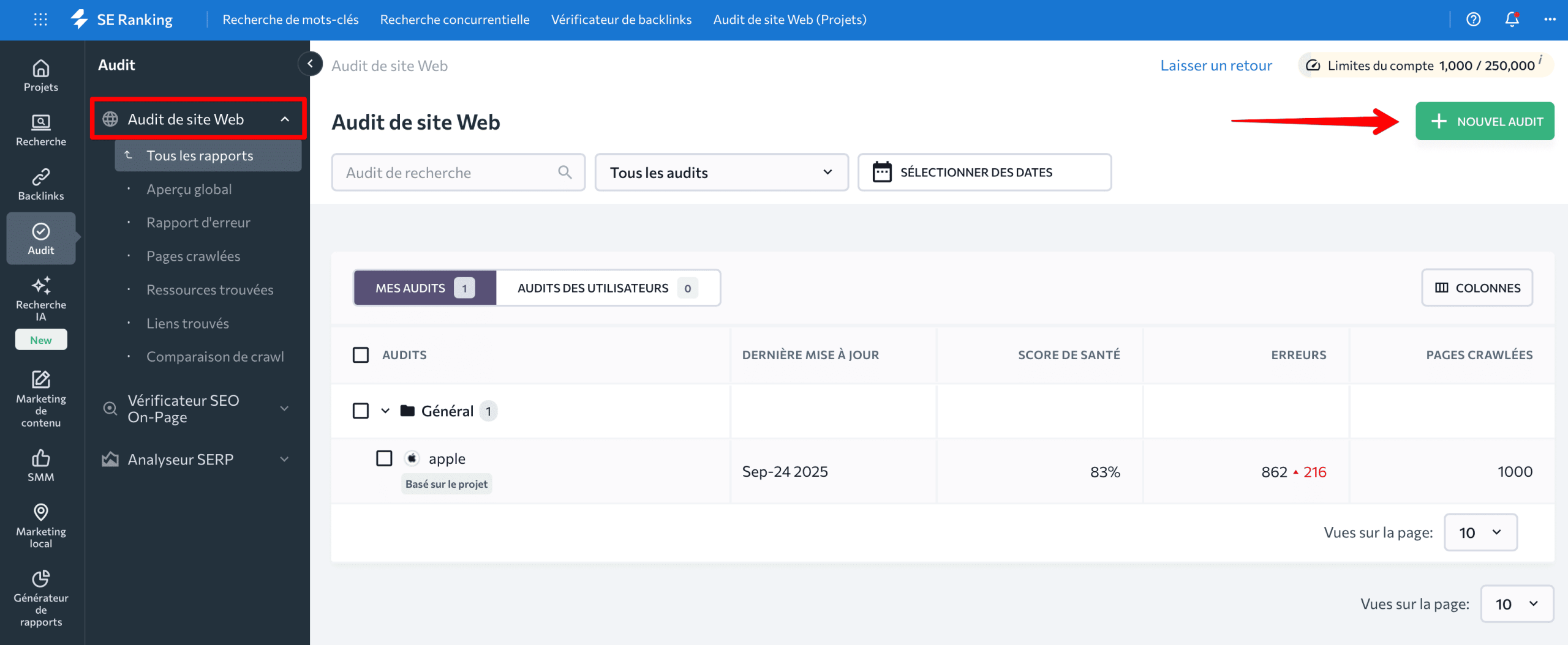 Outil d'audit de site web de SE Ranking 