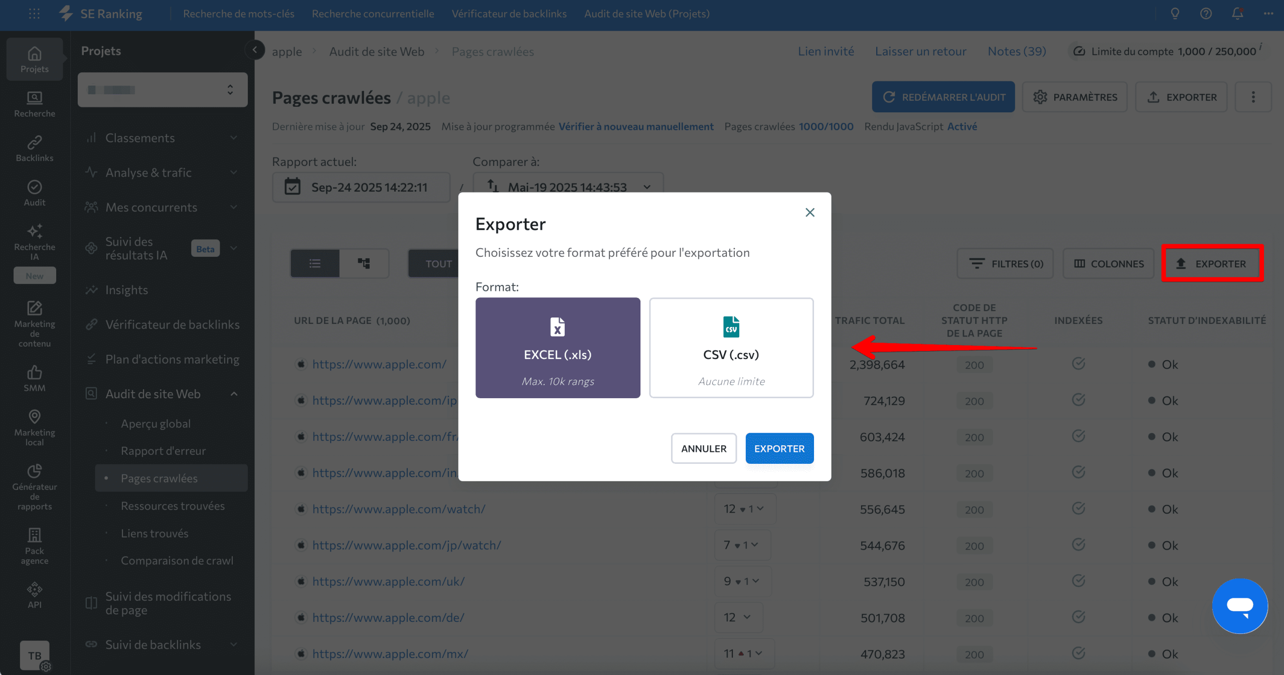 Exporter les données de l'outil Audit de site Web
