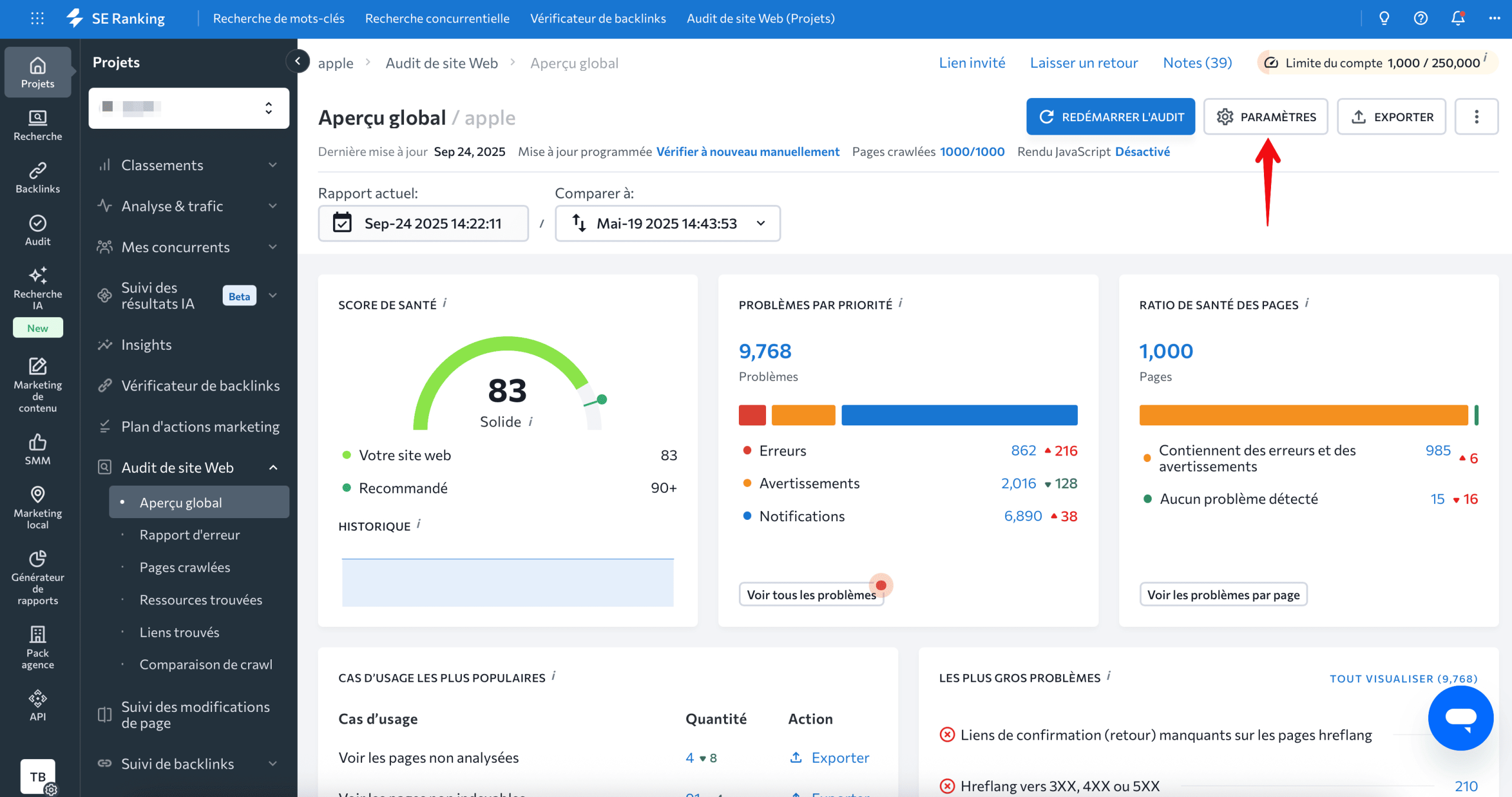 Ouvrir les paramètres Audit de site Web